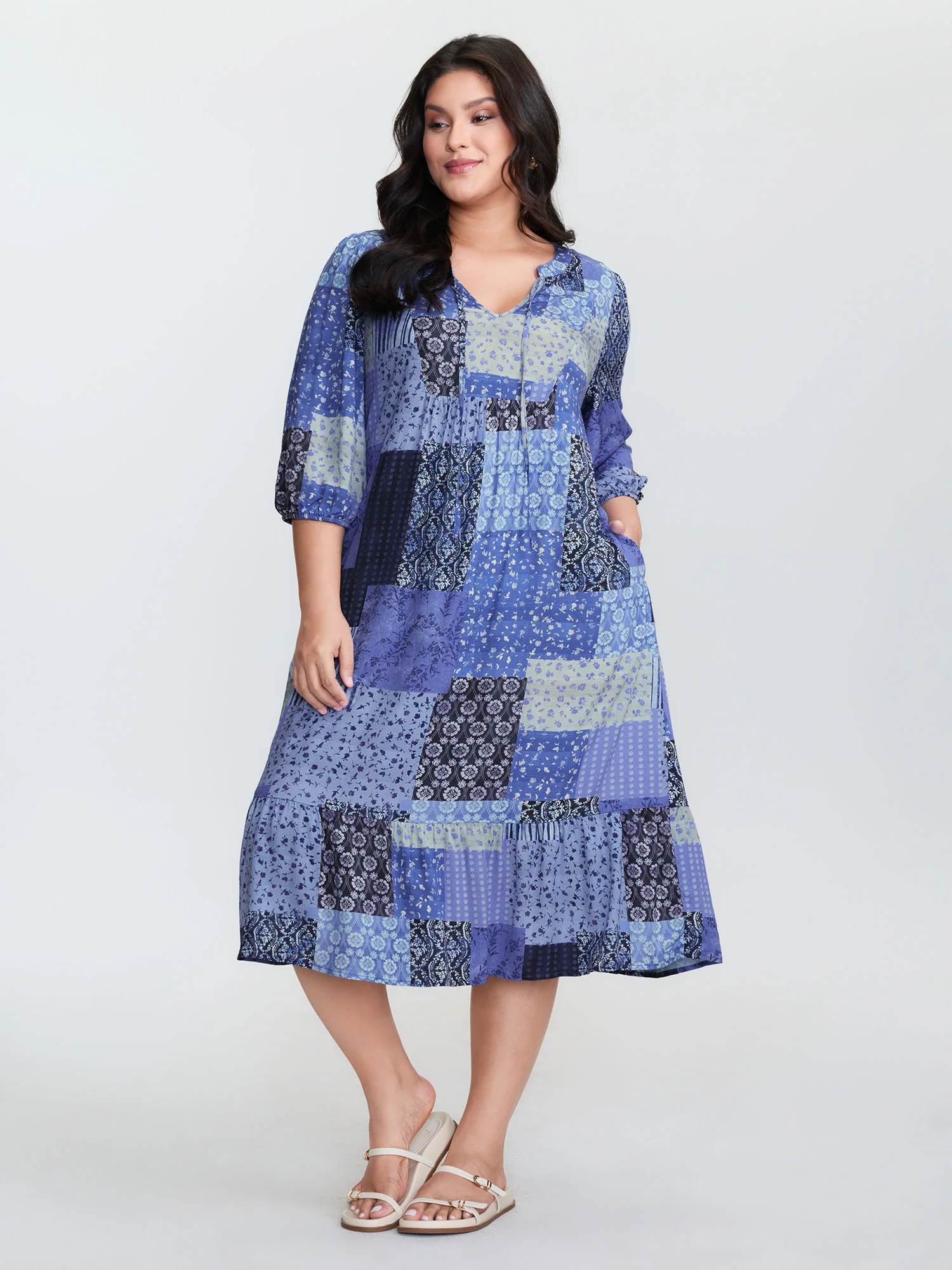 Floral Collage Pattern Drawstring Neckline Mini Dress
