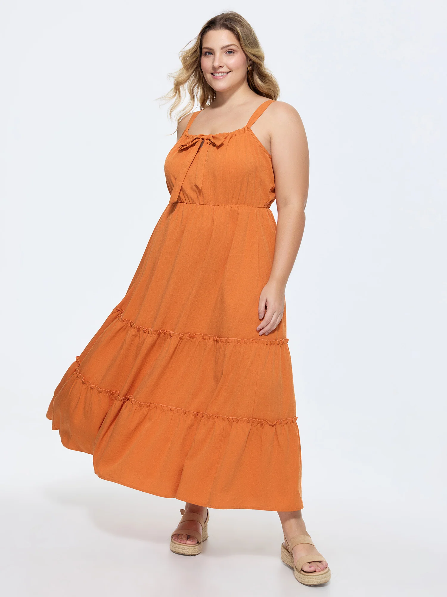 Bowknot Neckline Bust-Friendly Tiered Flowy Maxi Dress