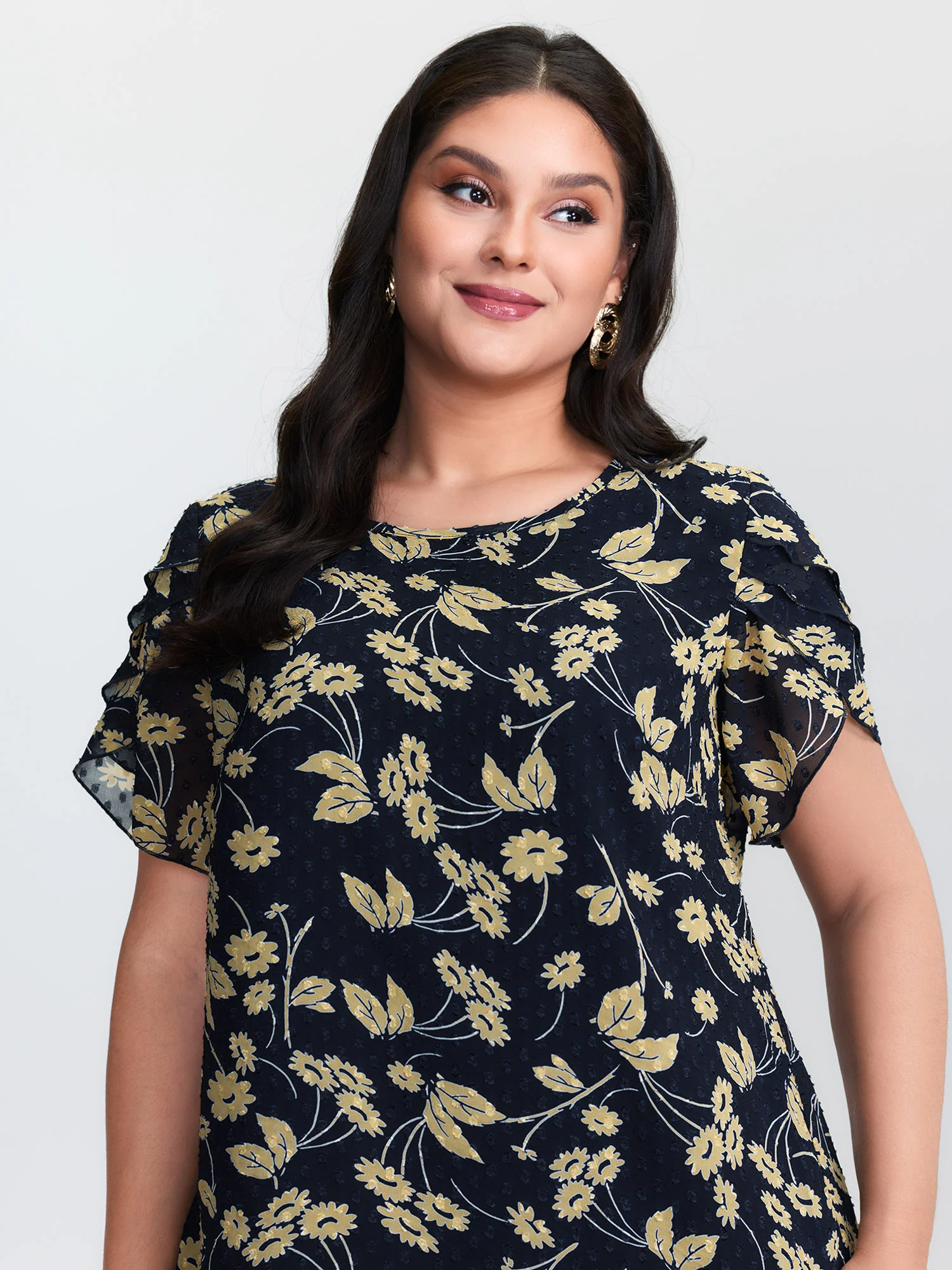 Chiffon Textured Floral Print Puff Sleeve Blouse