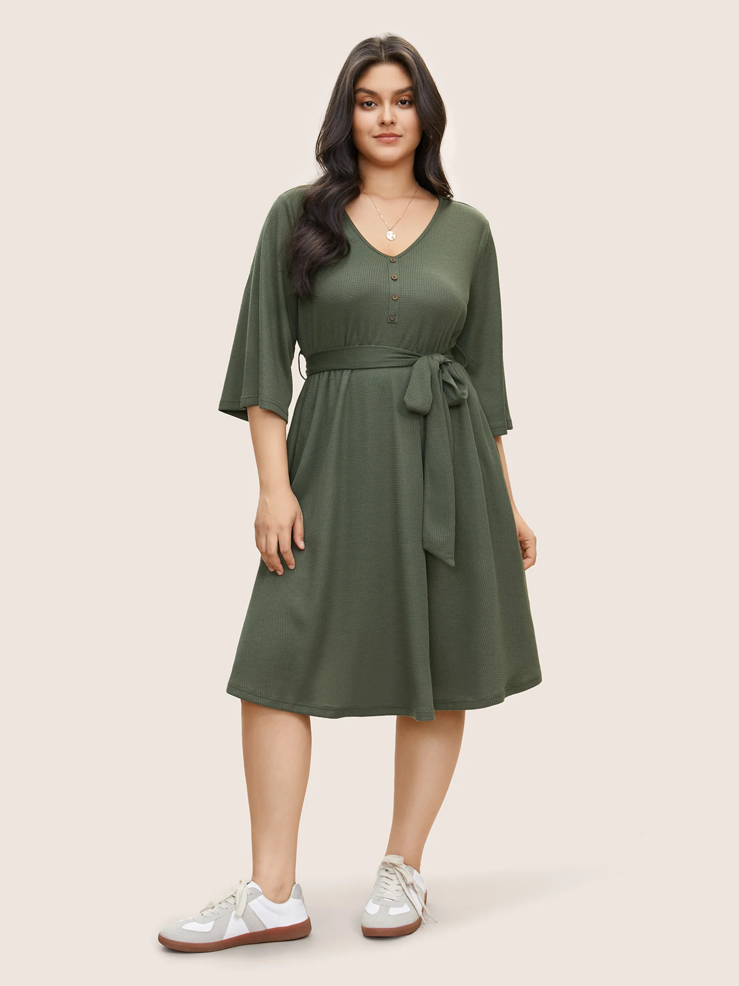 Solid Waffle Knit Button Detail Belted Dress