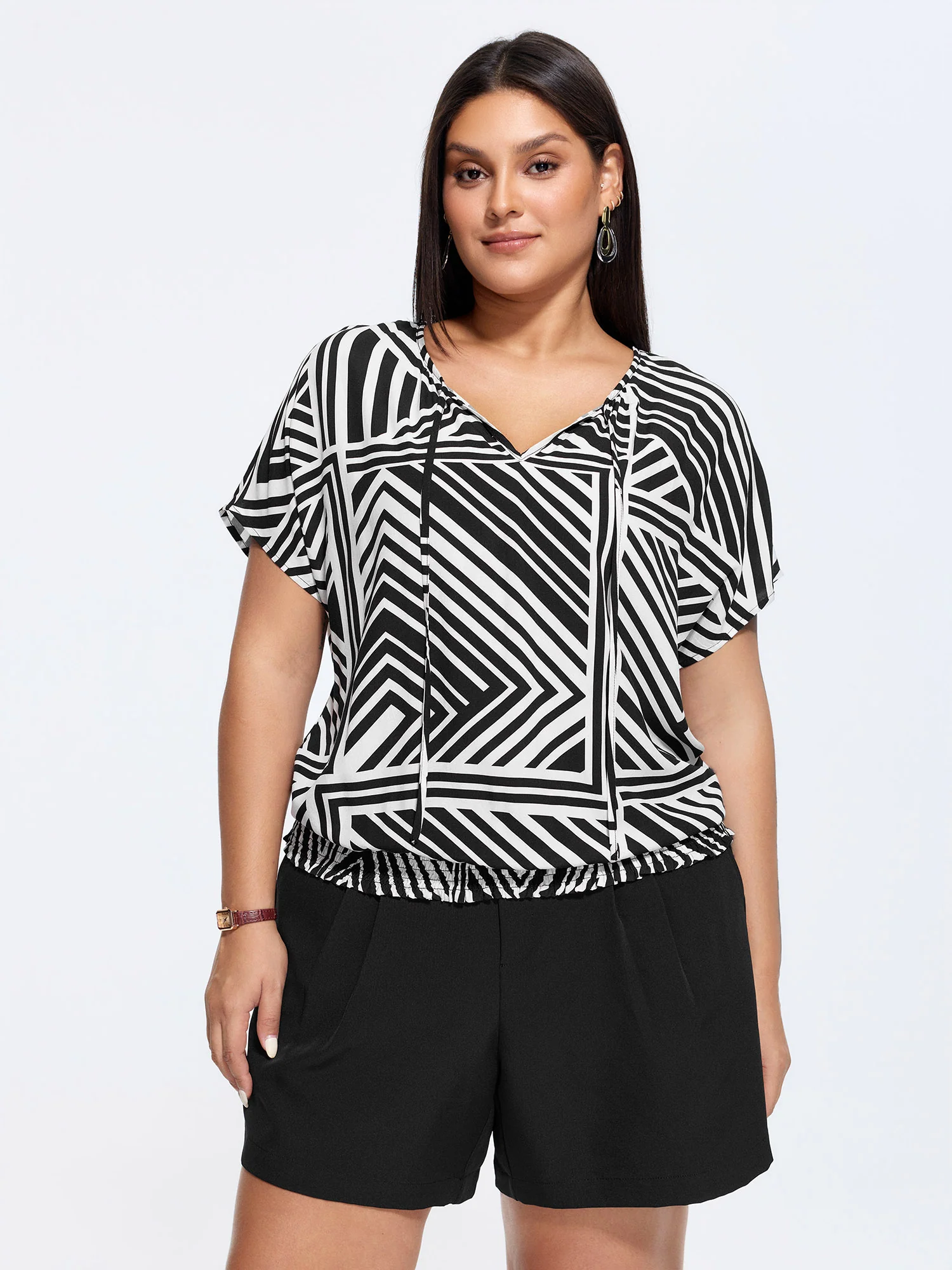 Geometric Print Neck-Tie Blouse