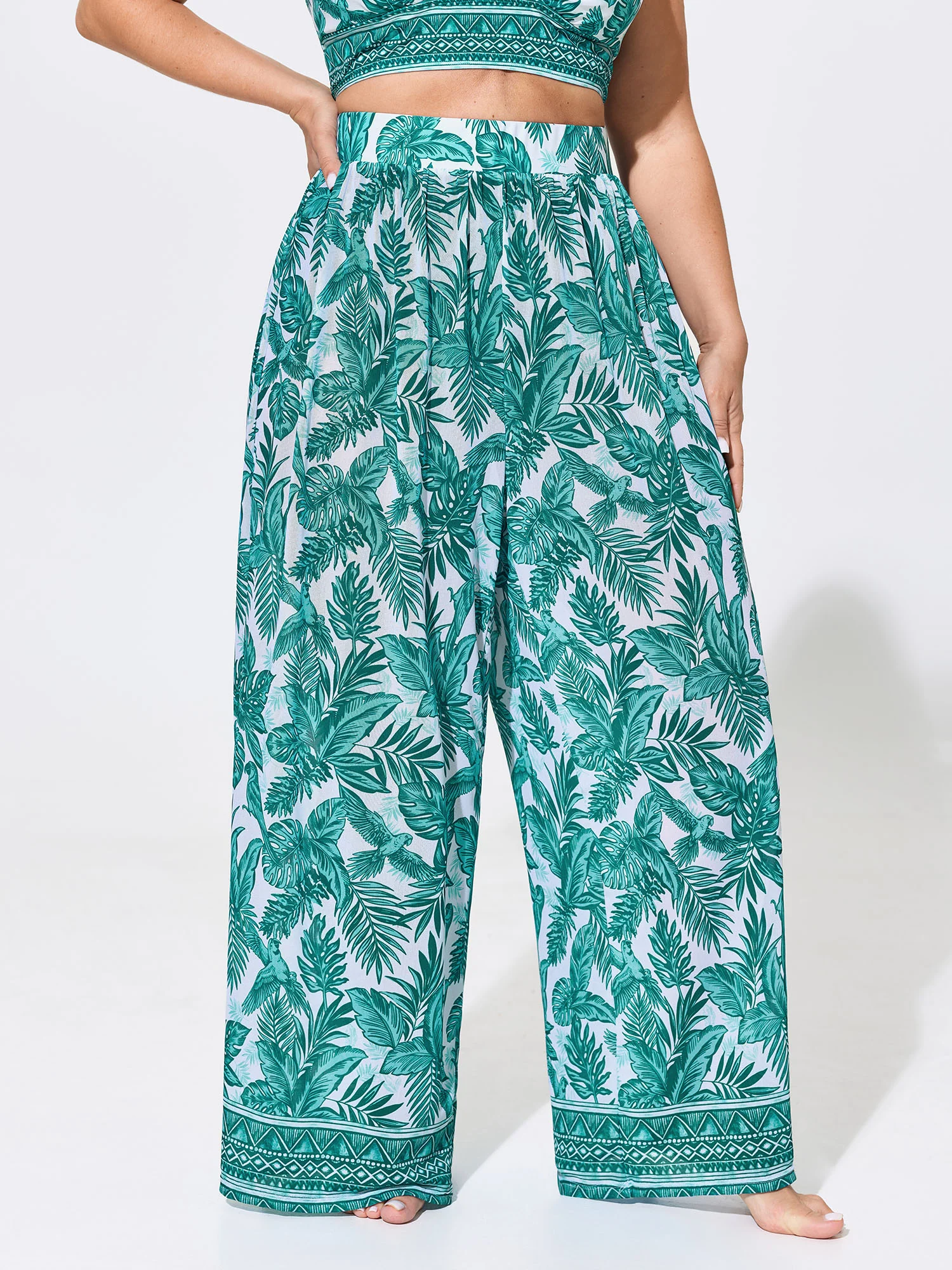 Two-Piece Tropical Print Sheer Wide-Leg Swim Bottoms