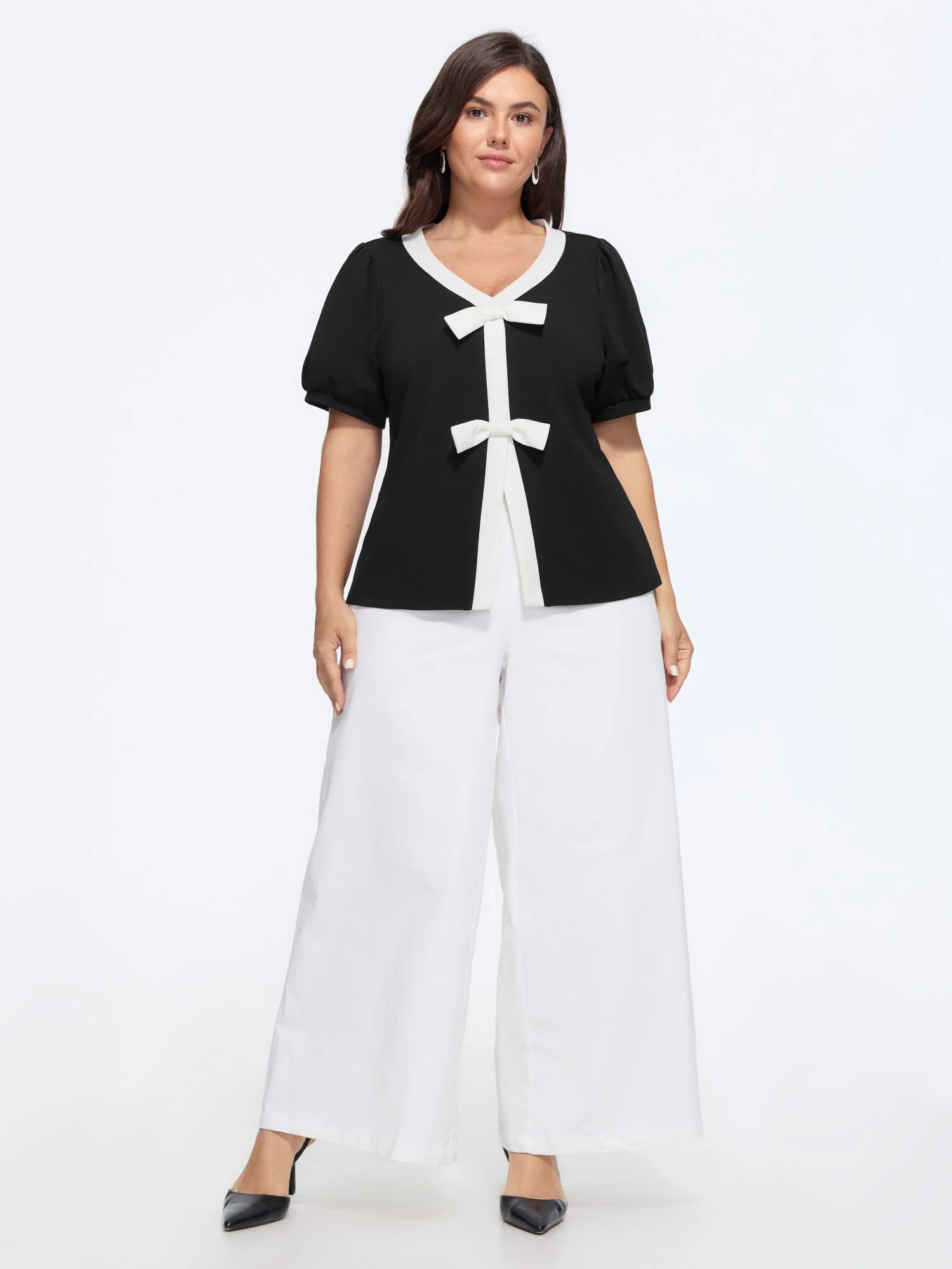 V Neck Double Bow Color Contrast T-Shirt