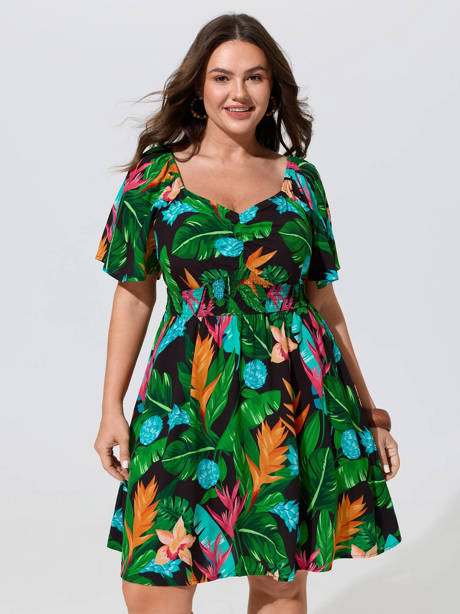 Tropical Floral Print Shirred Waist Mini Dress