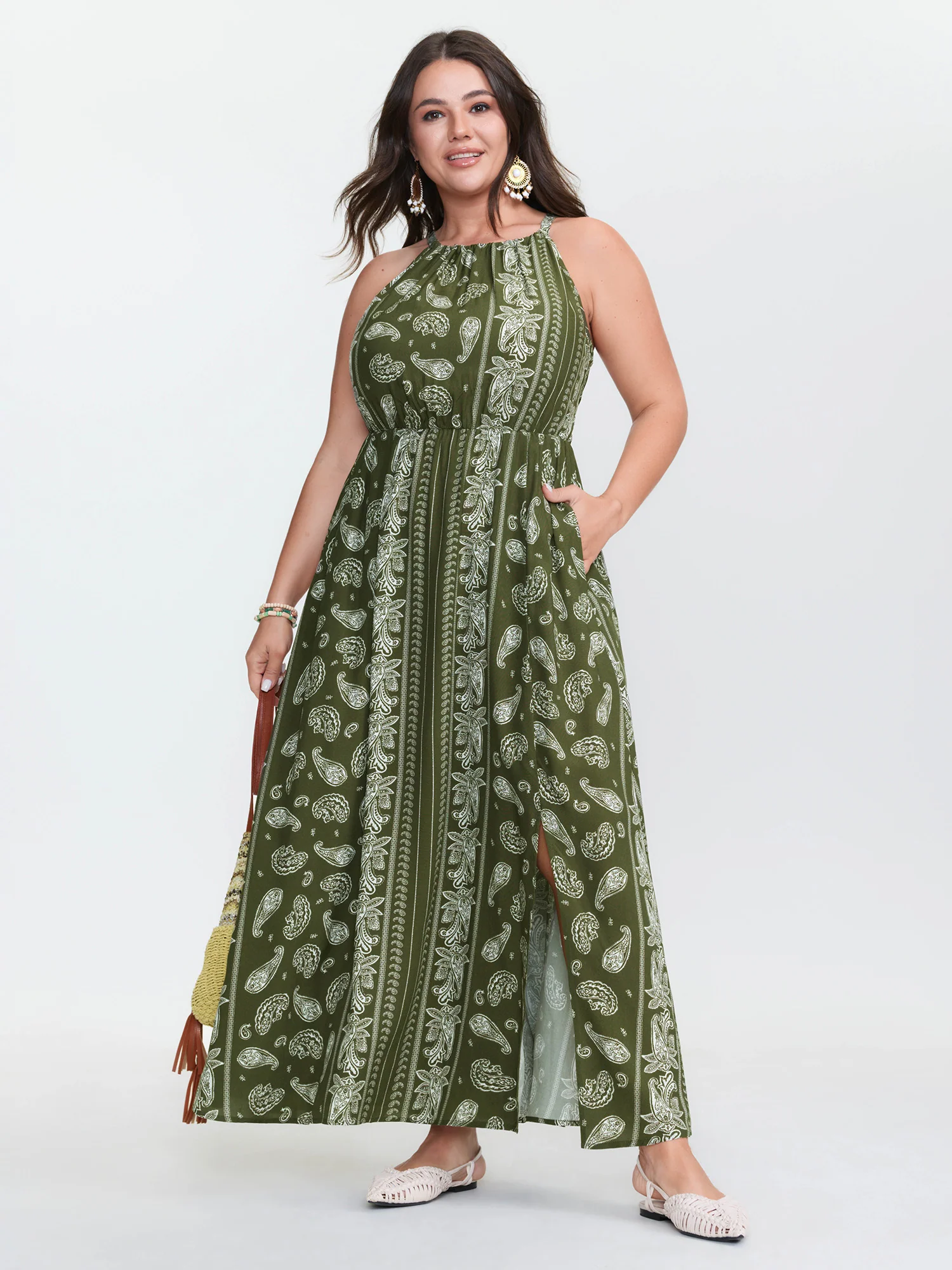 Silhouette Flower Striped Halter Neck Maxi Dress