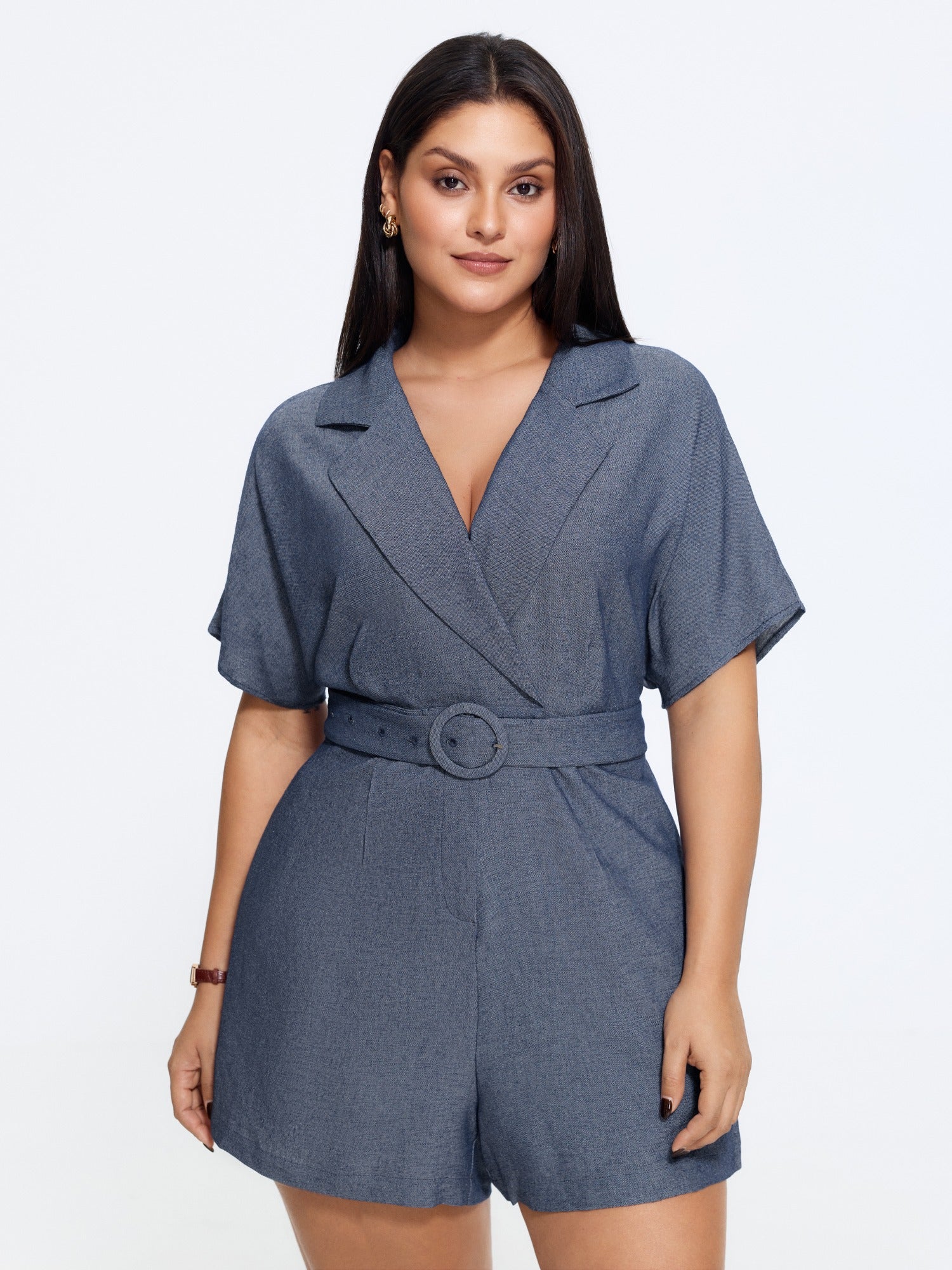 Solid Suit Collar Belted Romper