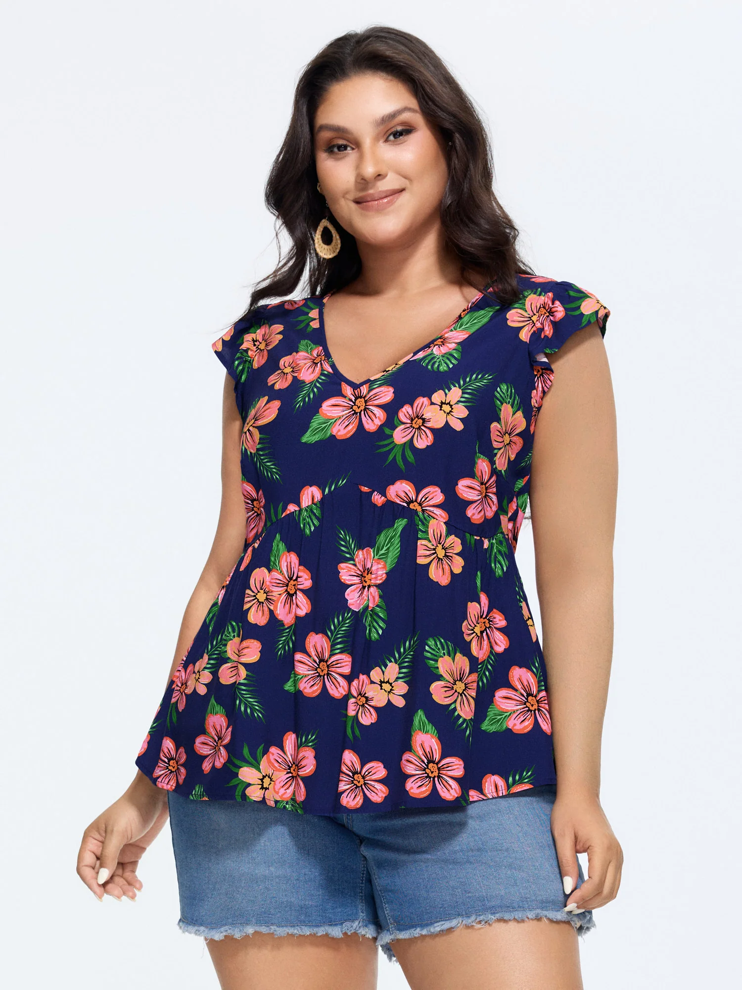 Colorful Floral Print Ruffled Sleeve Blouse
