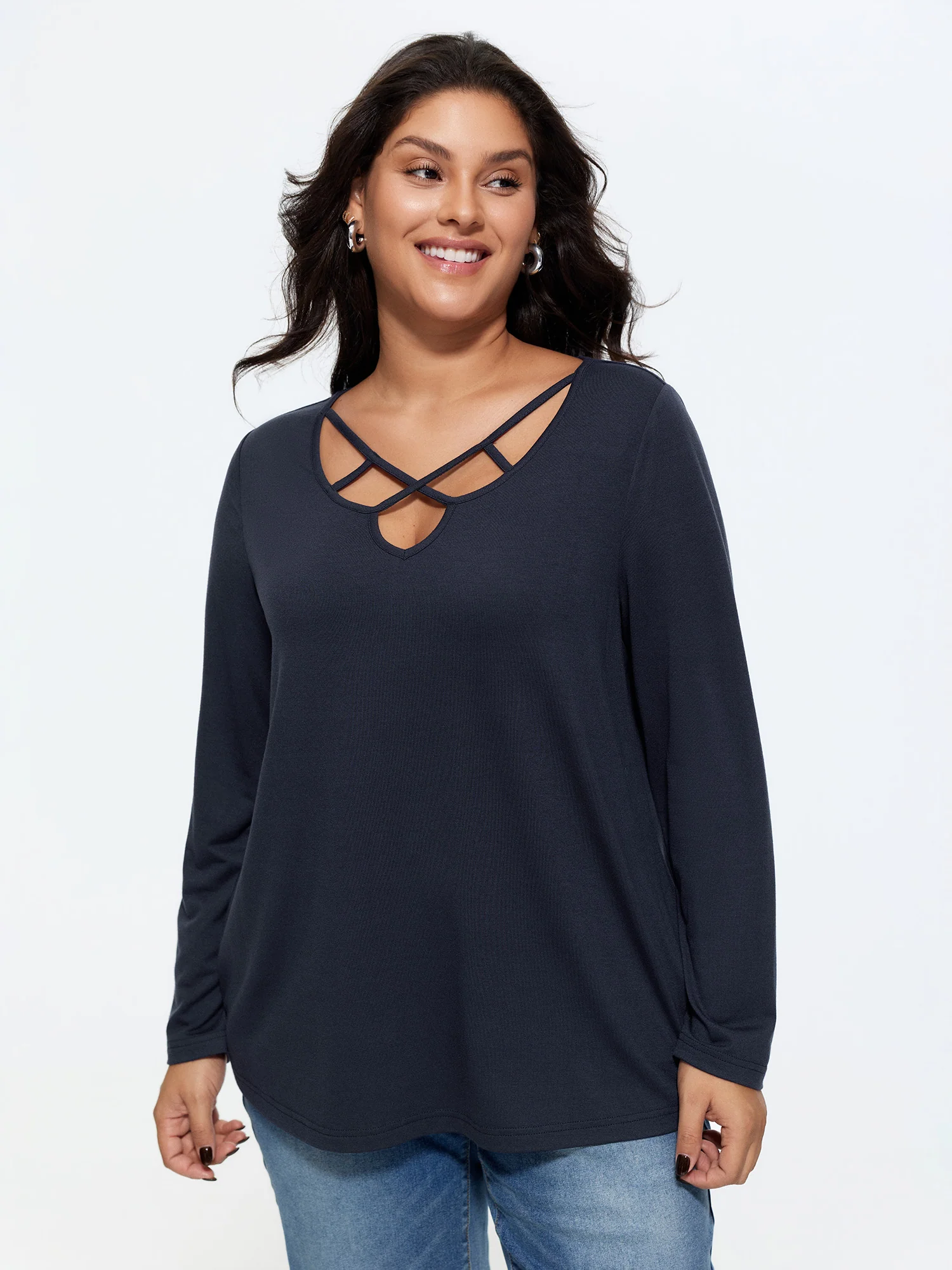 Supersoft Stretchy Crisscross Neckline Long Sleeve T-Shirt