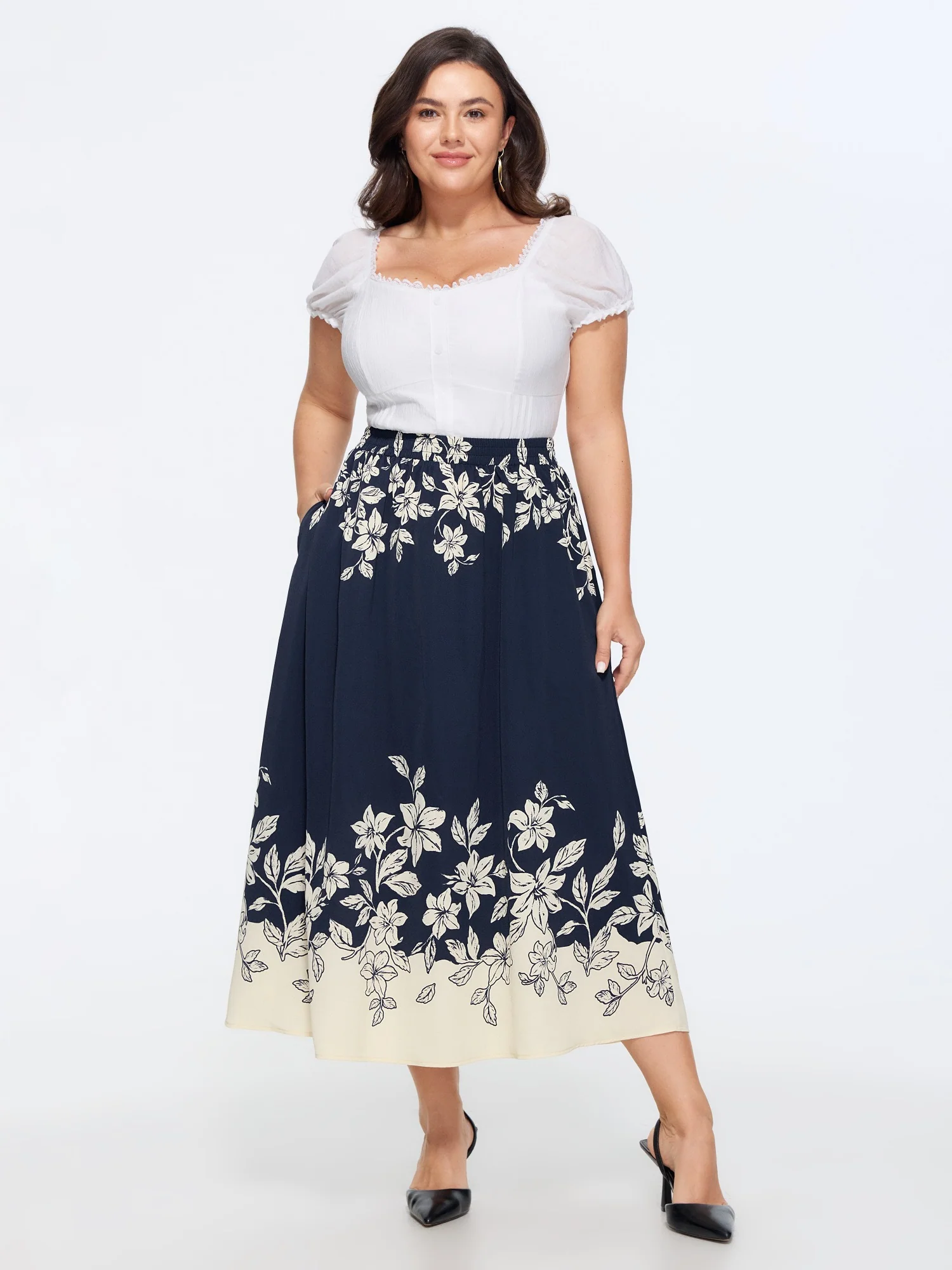 Floral Print Elastic Waist Pocket Midi Skirt