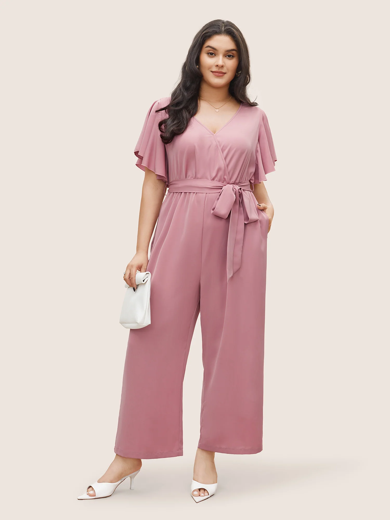Anti-Wrinkle Plain Belted Flutter Sleeve Zipper Jumpsuit
