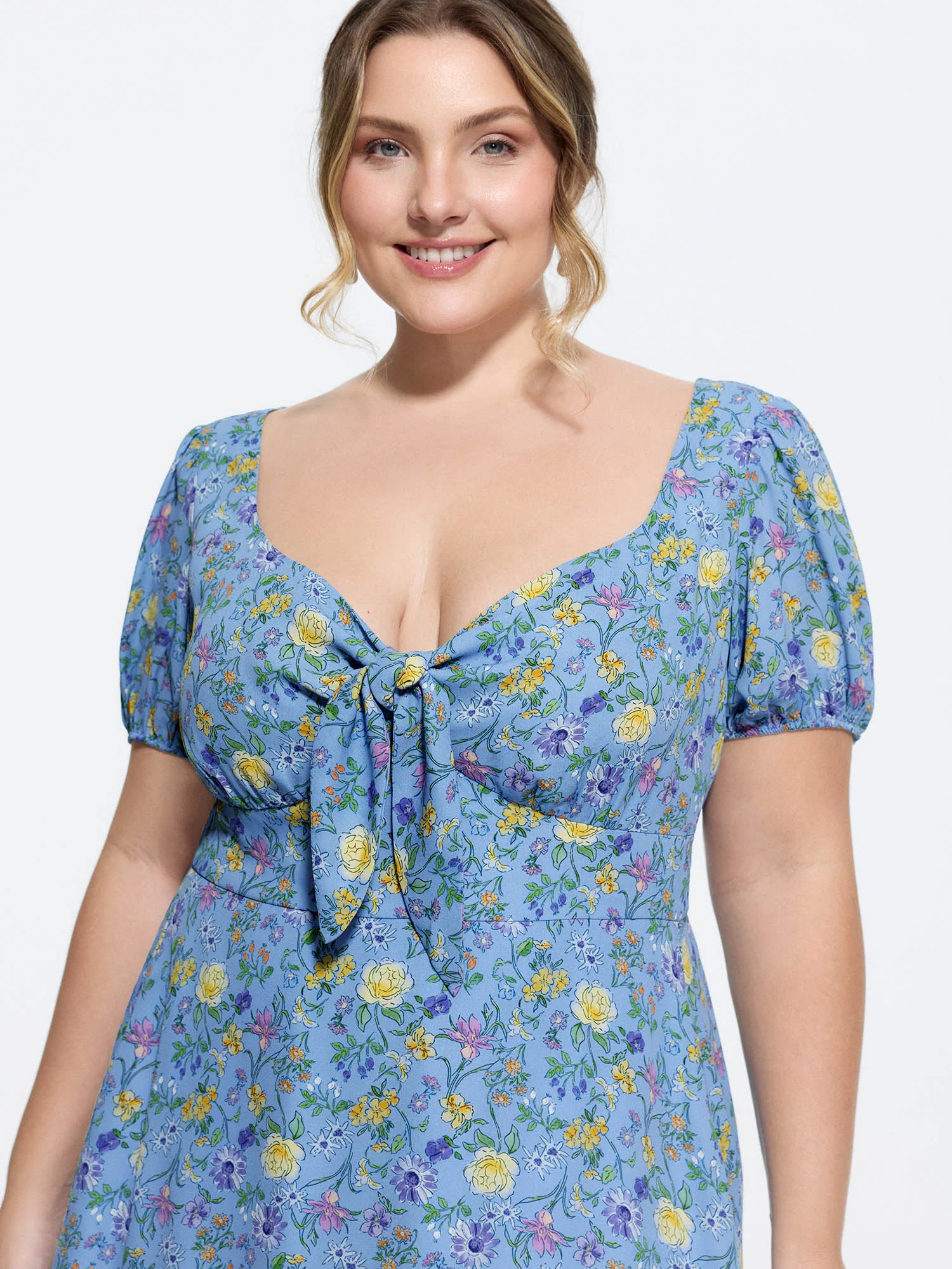 Floral Print Knotted-Front Ruched Midi Dress
