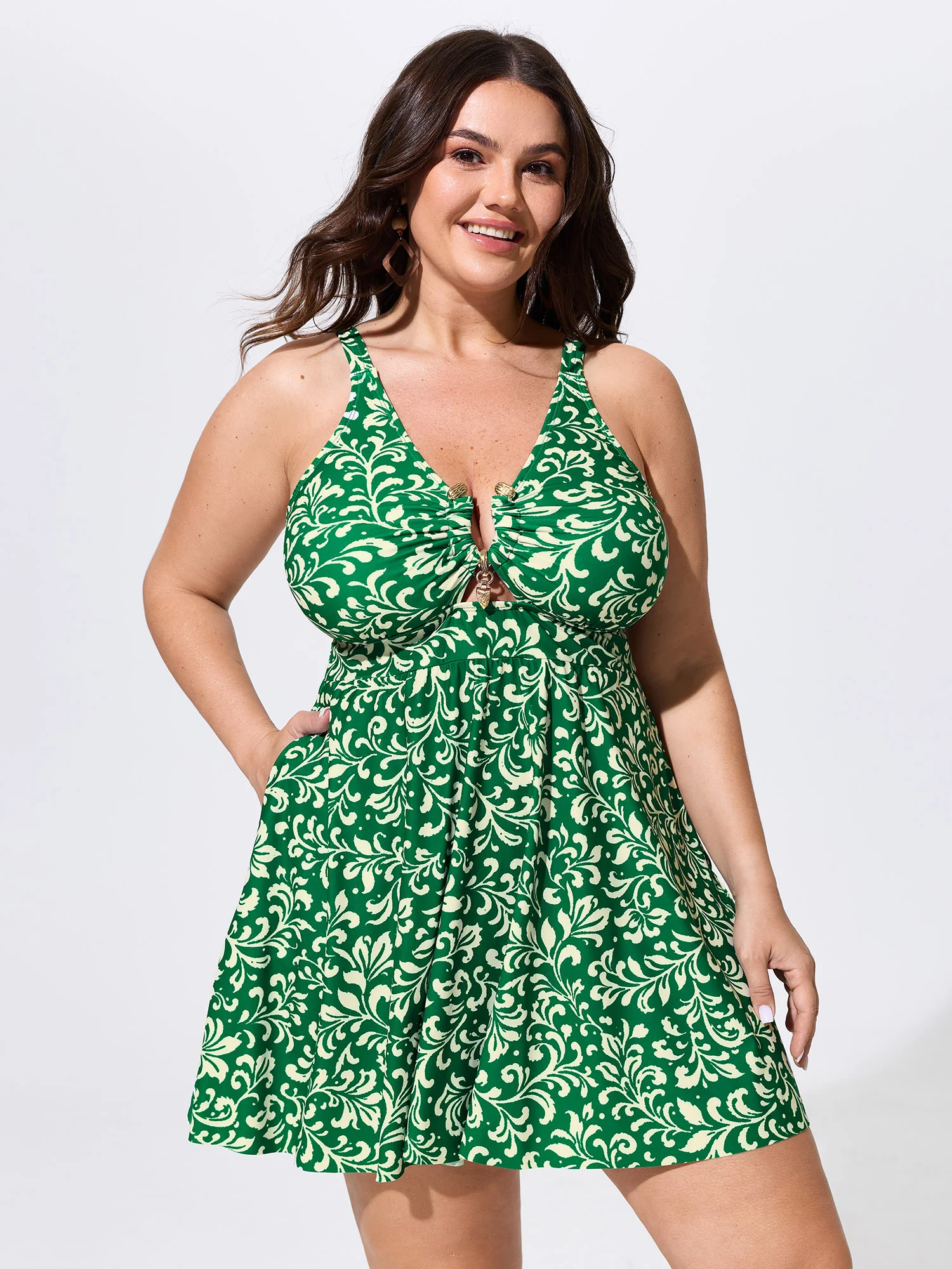Floral Print Loop Split Neckline Swim Dress