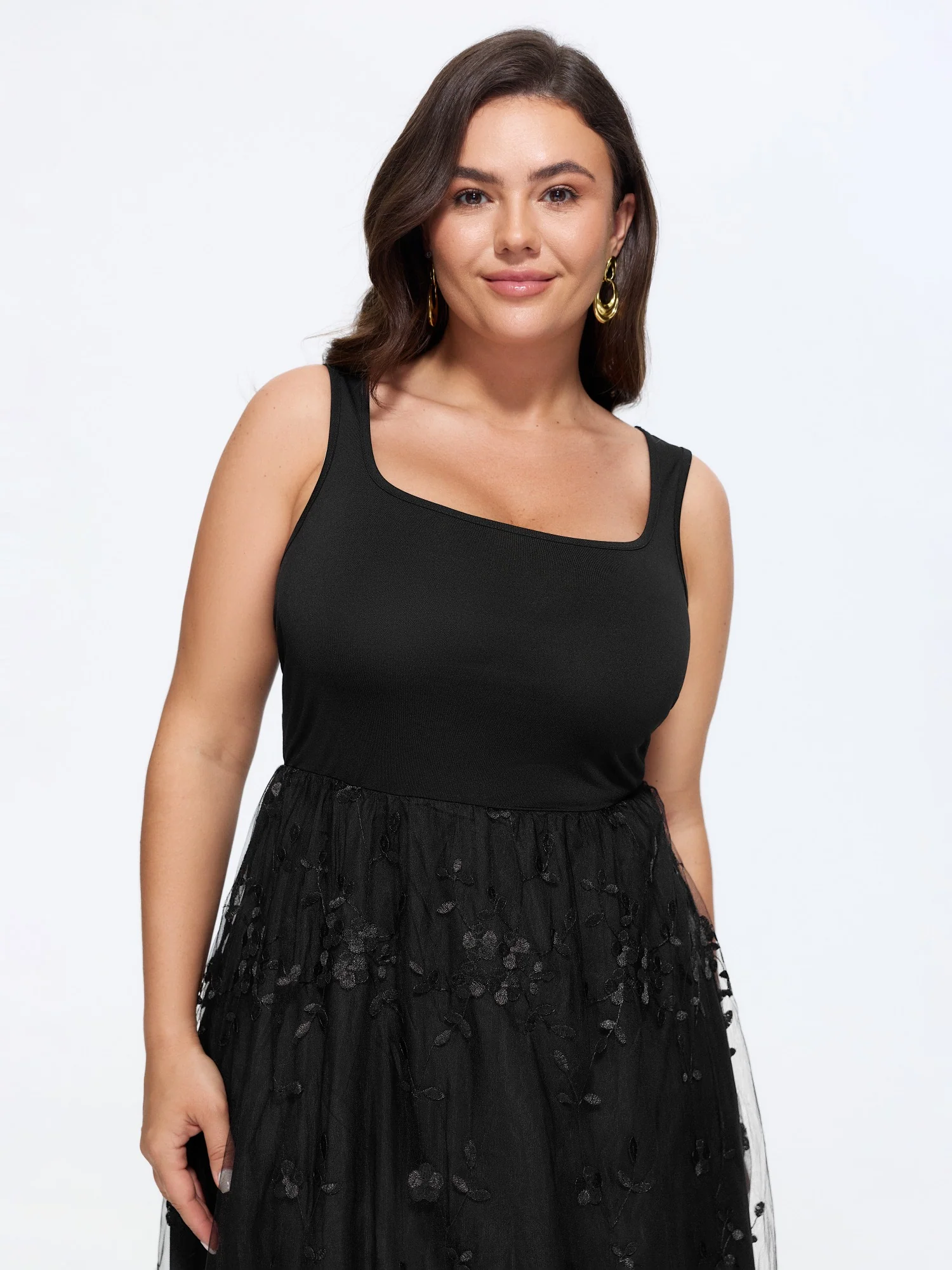 Floral Embroidered Mesh Square Neck Cami Midi Dress