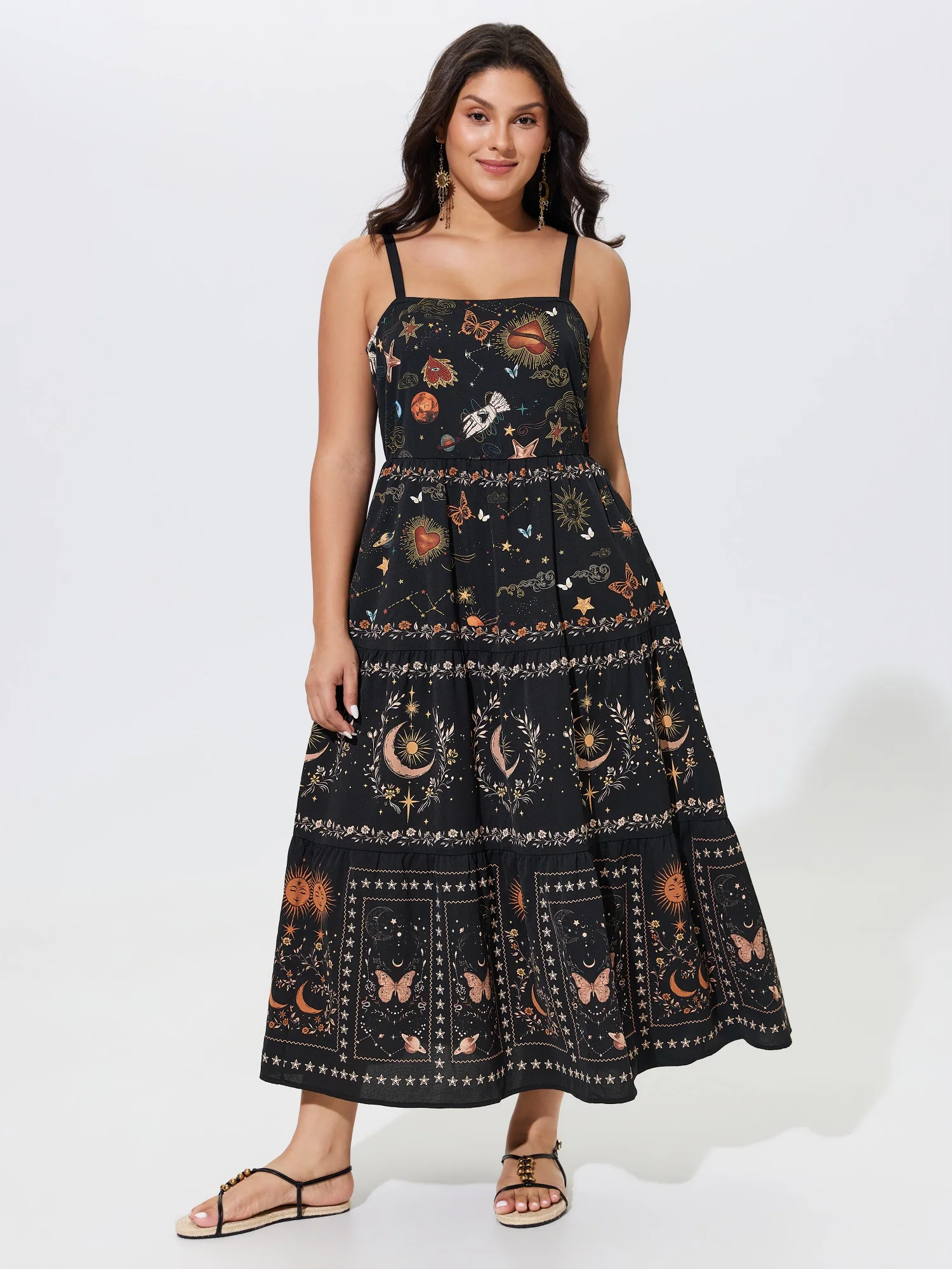 Celestial Print Shirred Tiered Maxi Dress