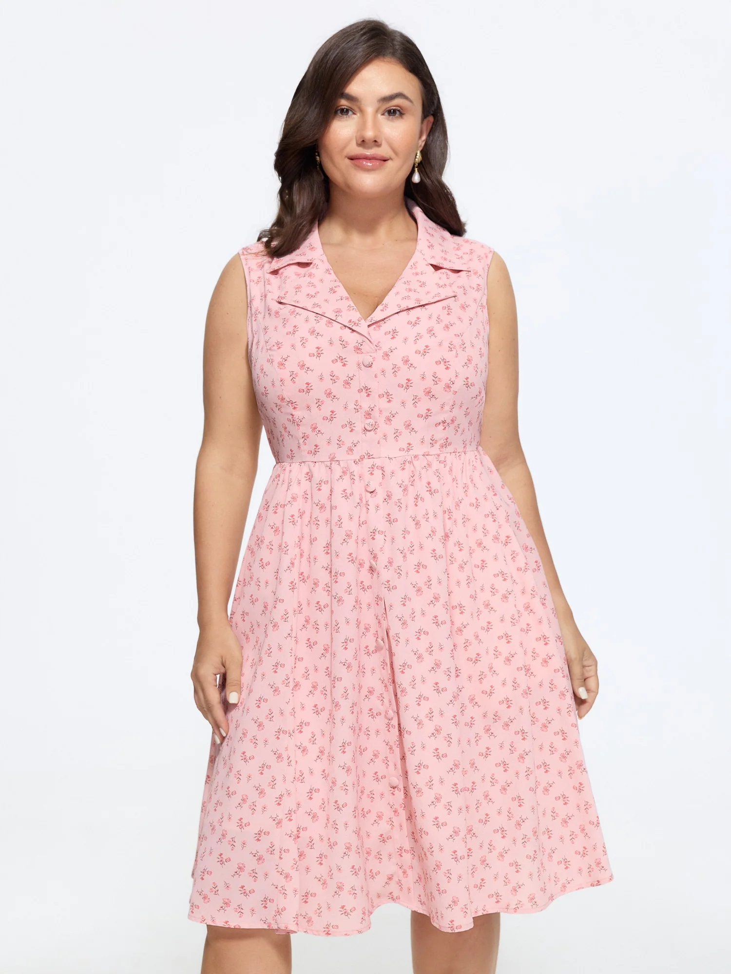 Ditsy Floral Print Button Down Sleeveless Midi Dress
