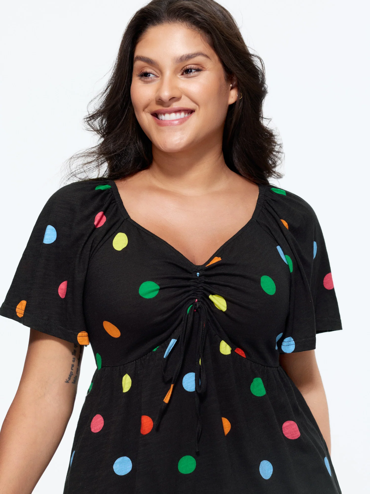 Cotton Stretchy Colorful Dot Print Drawstring Babydoll Top