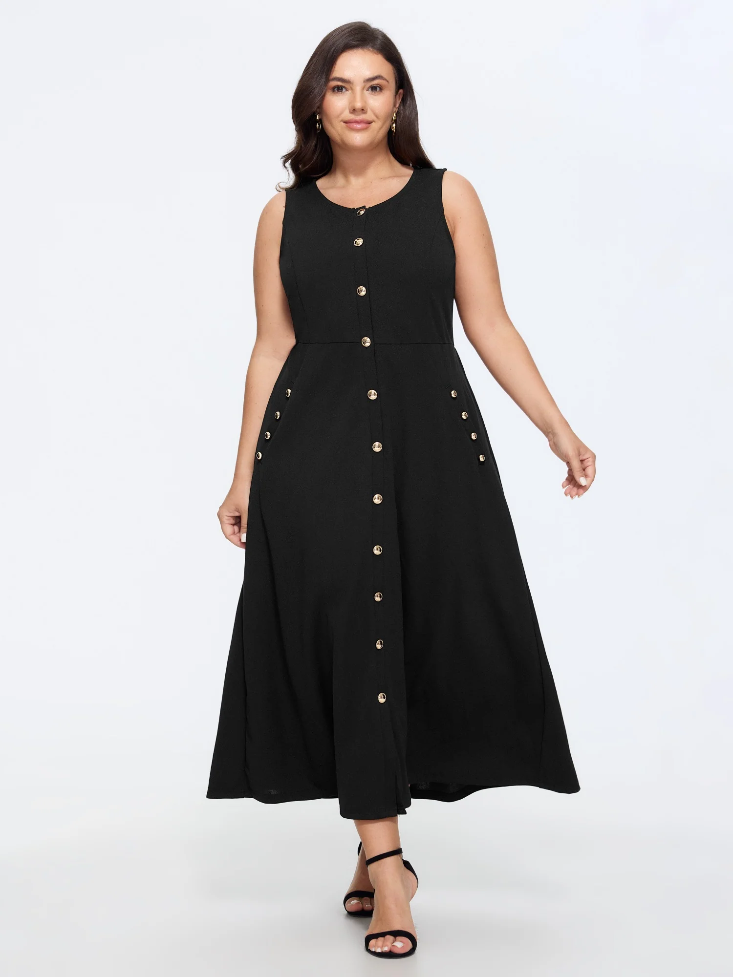 Stretchy Front Gold Button A Line Midi Dress
