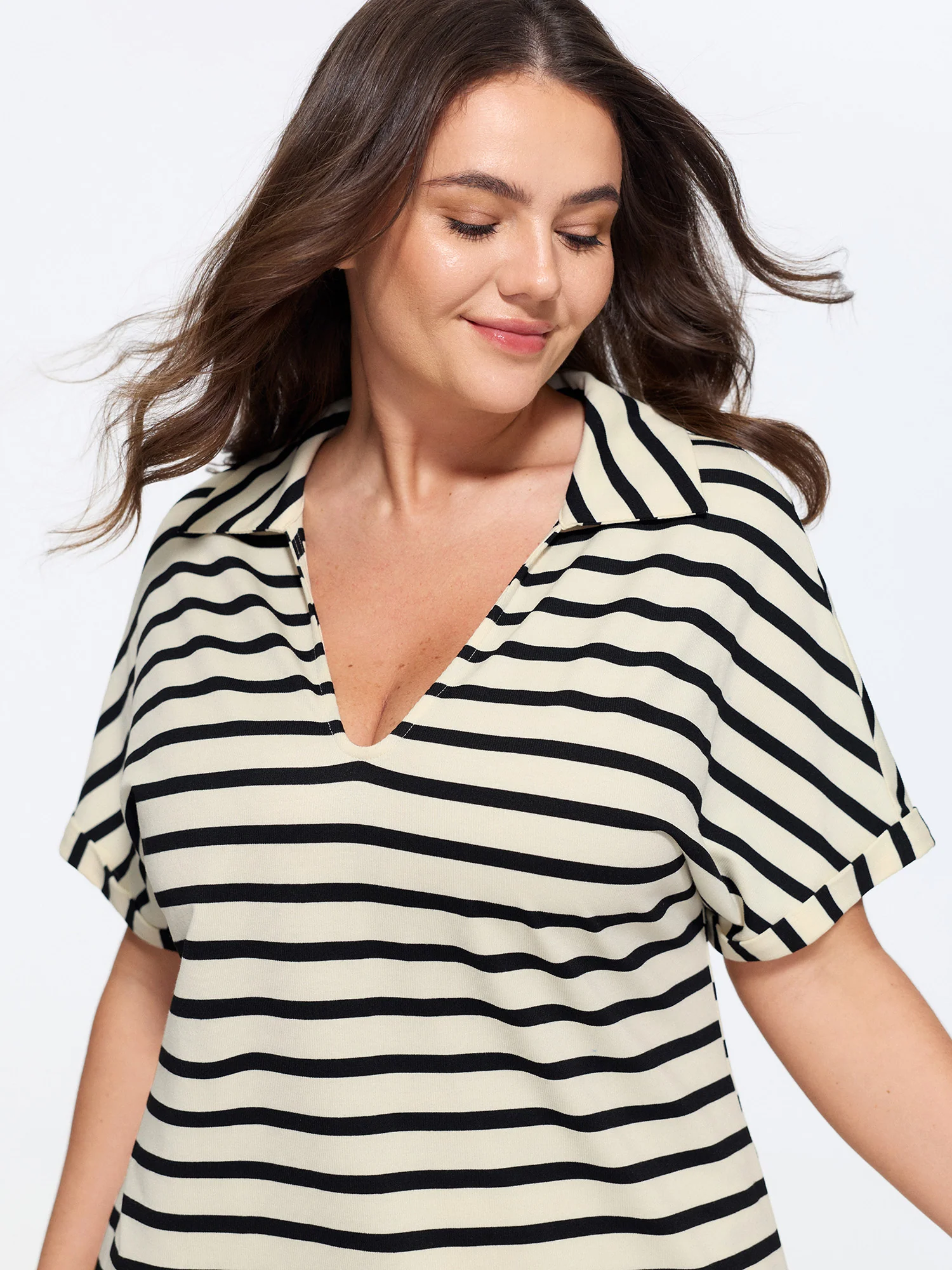Stretchy Striped Print Collared Midi Dress