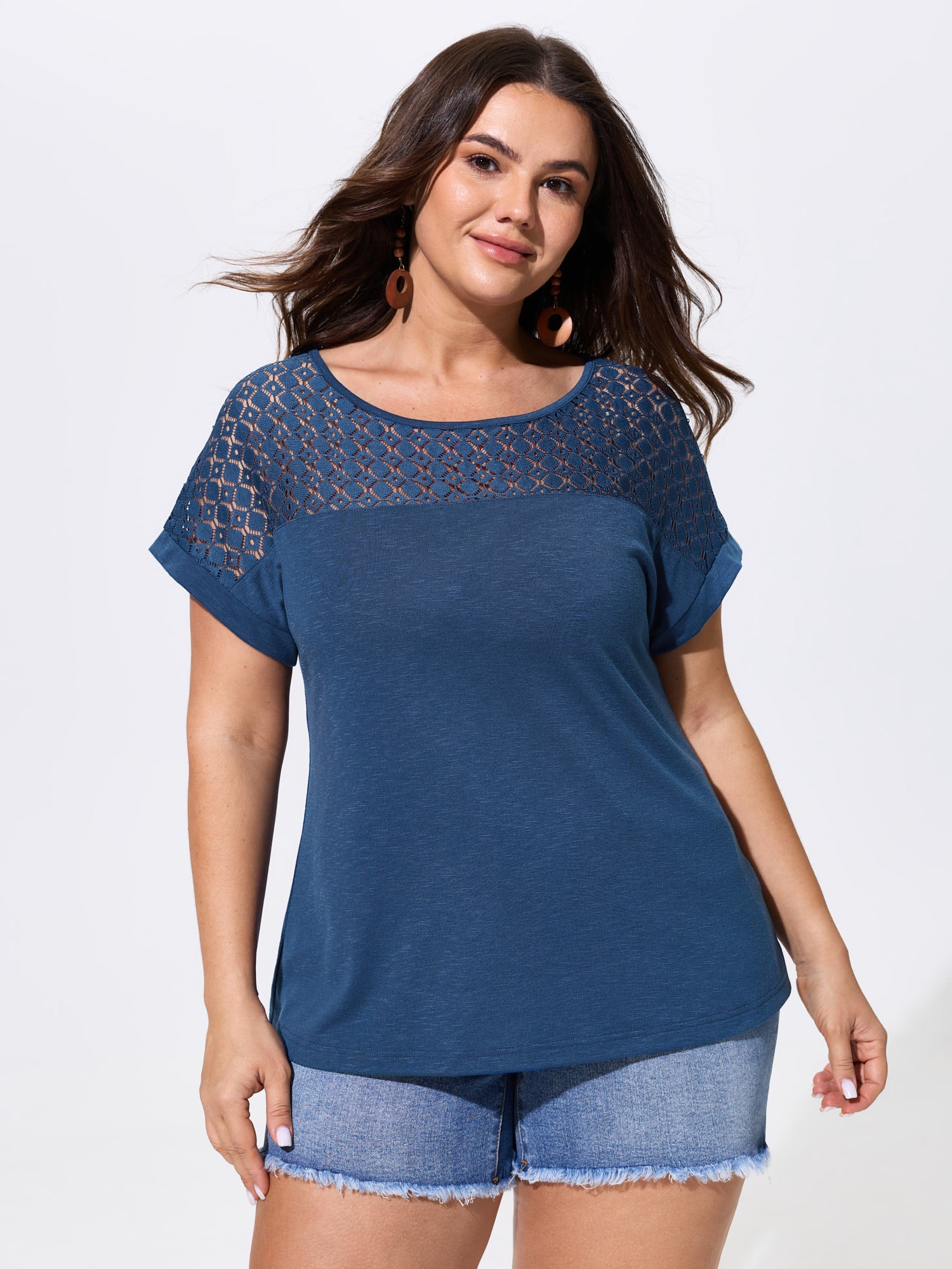 Sheer Lace Neckline Round Neck T-Shirt