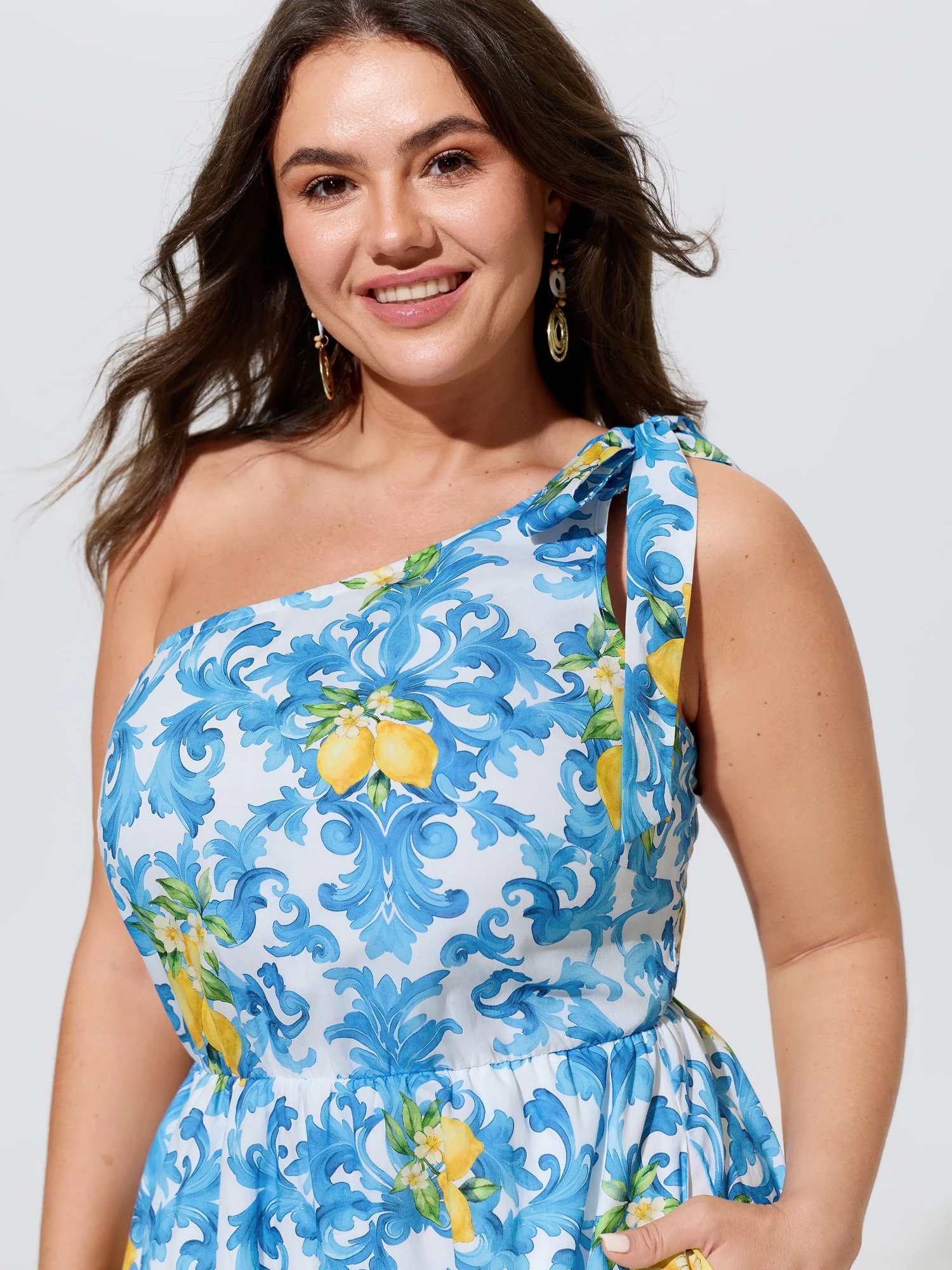 Cotton Lemon Baroque Print One Shoulder Midi Dress