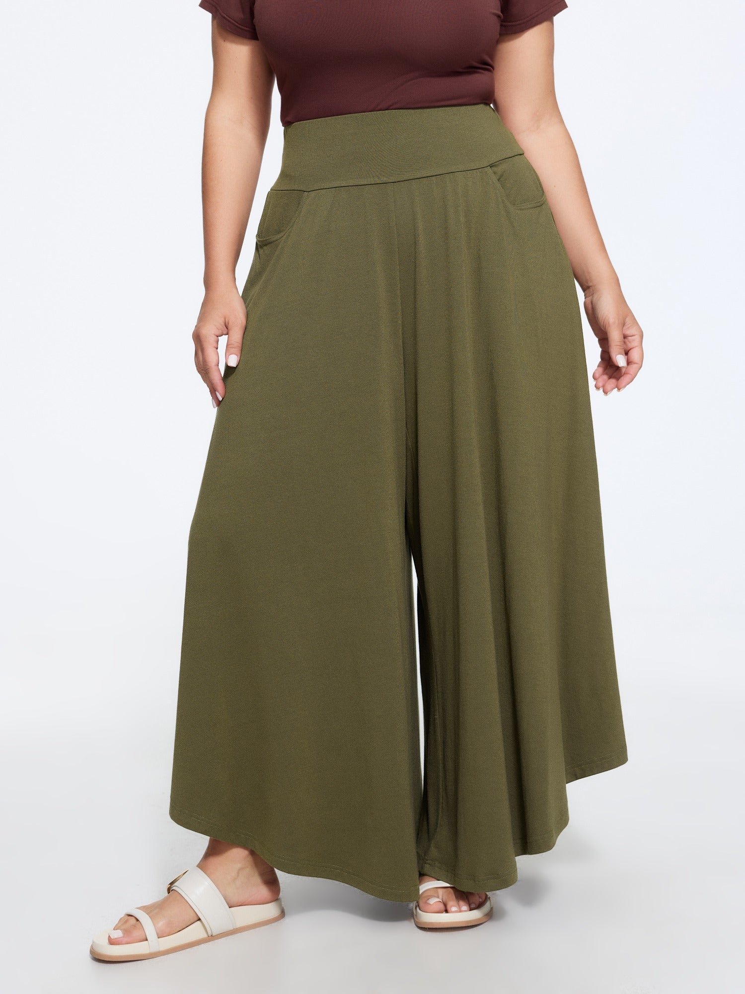 Stretchy Solid Pocket Drape Wide Leg Pants