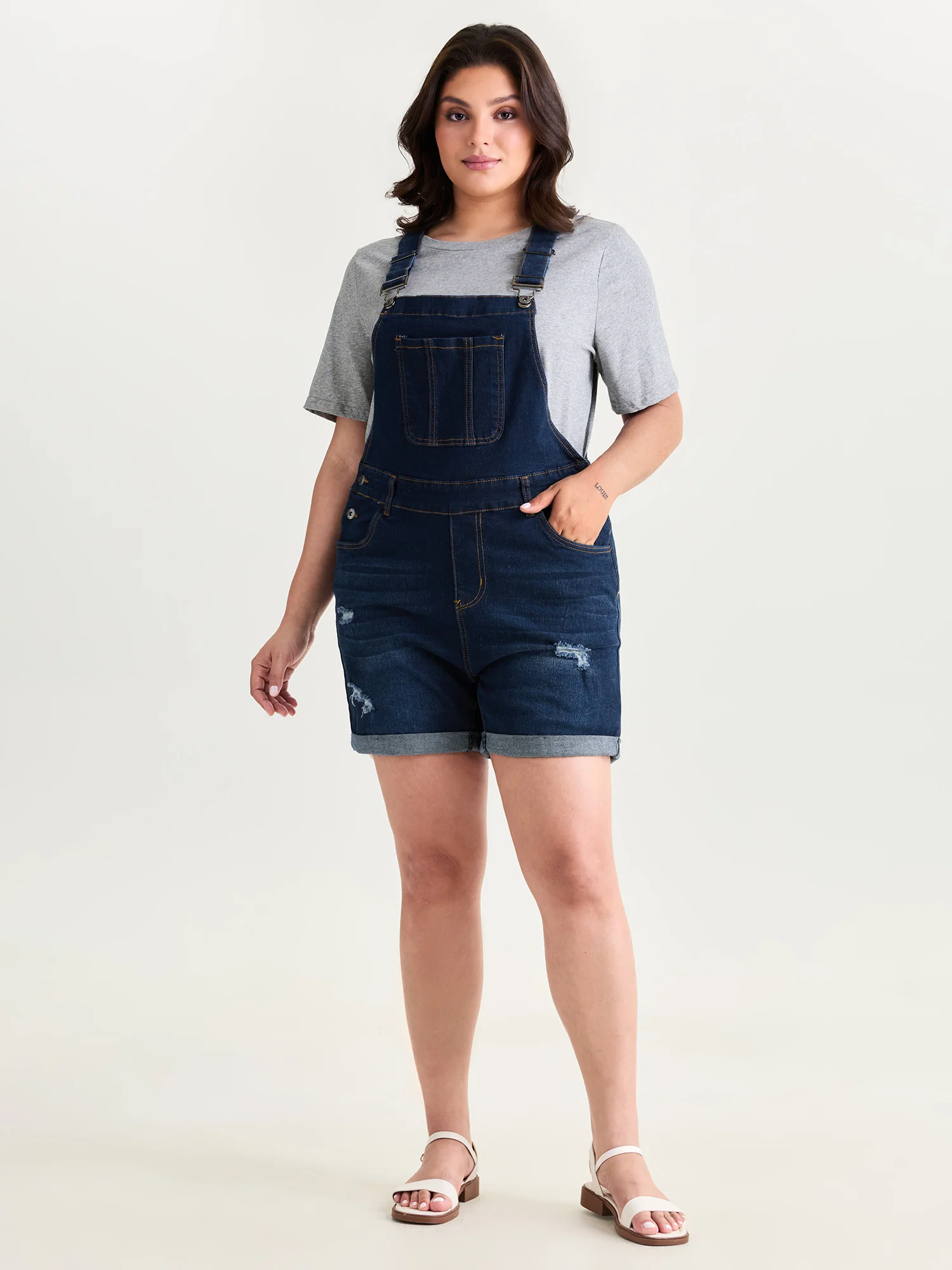 Stretchy Pockets Skinny-Fit Denim Overall Romper