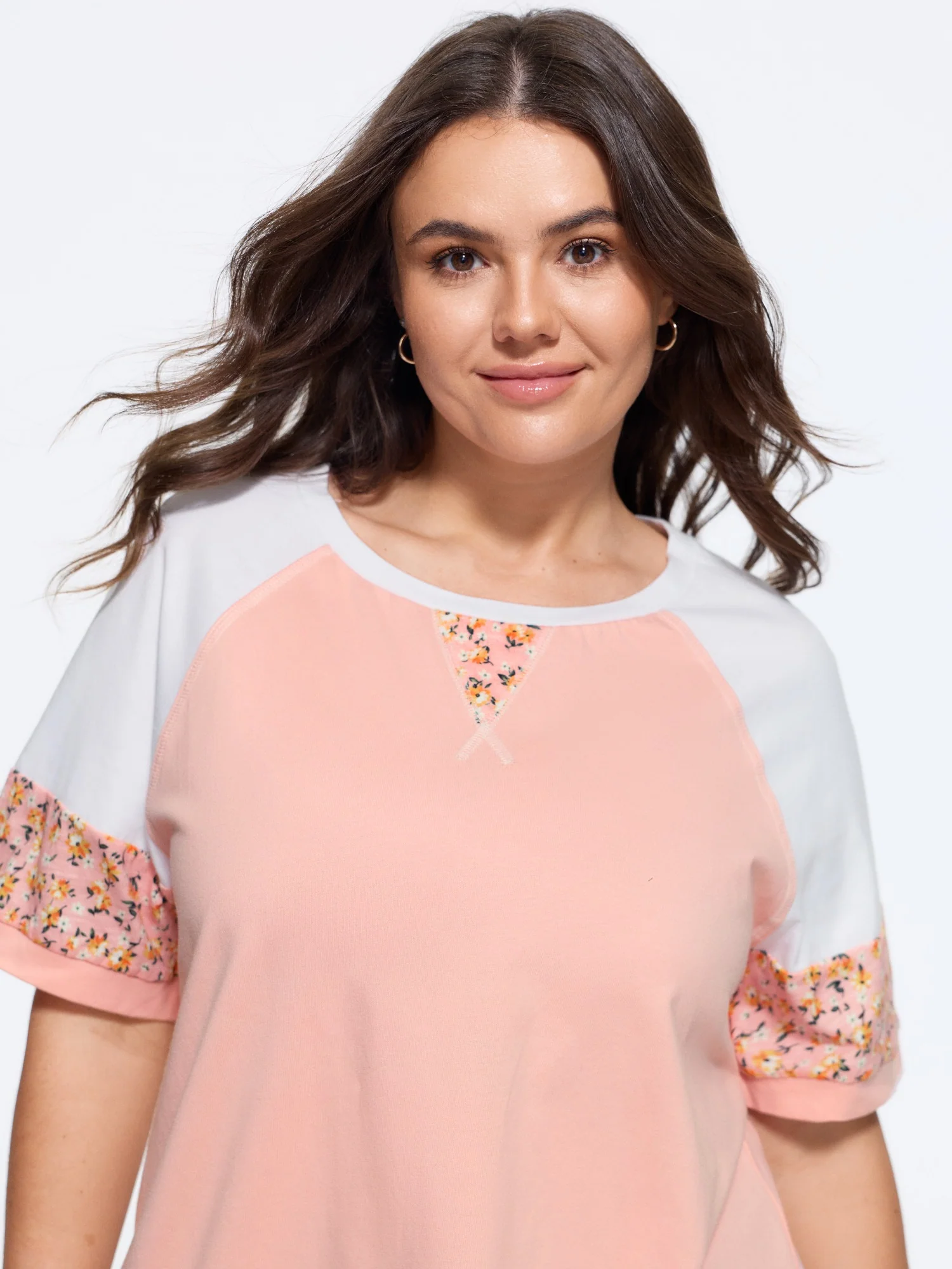 Cotton Floral Print Raglan Sleeve Patchwork T-Shirt