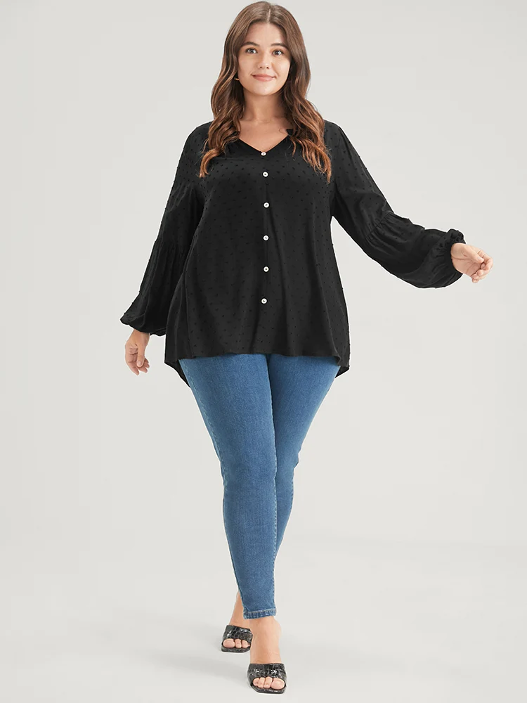 Solid  Button Lantern Sleeve Polka Dot Blouse