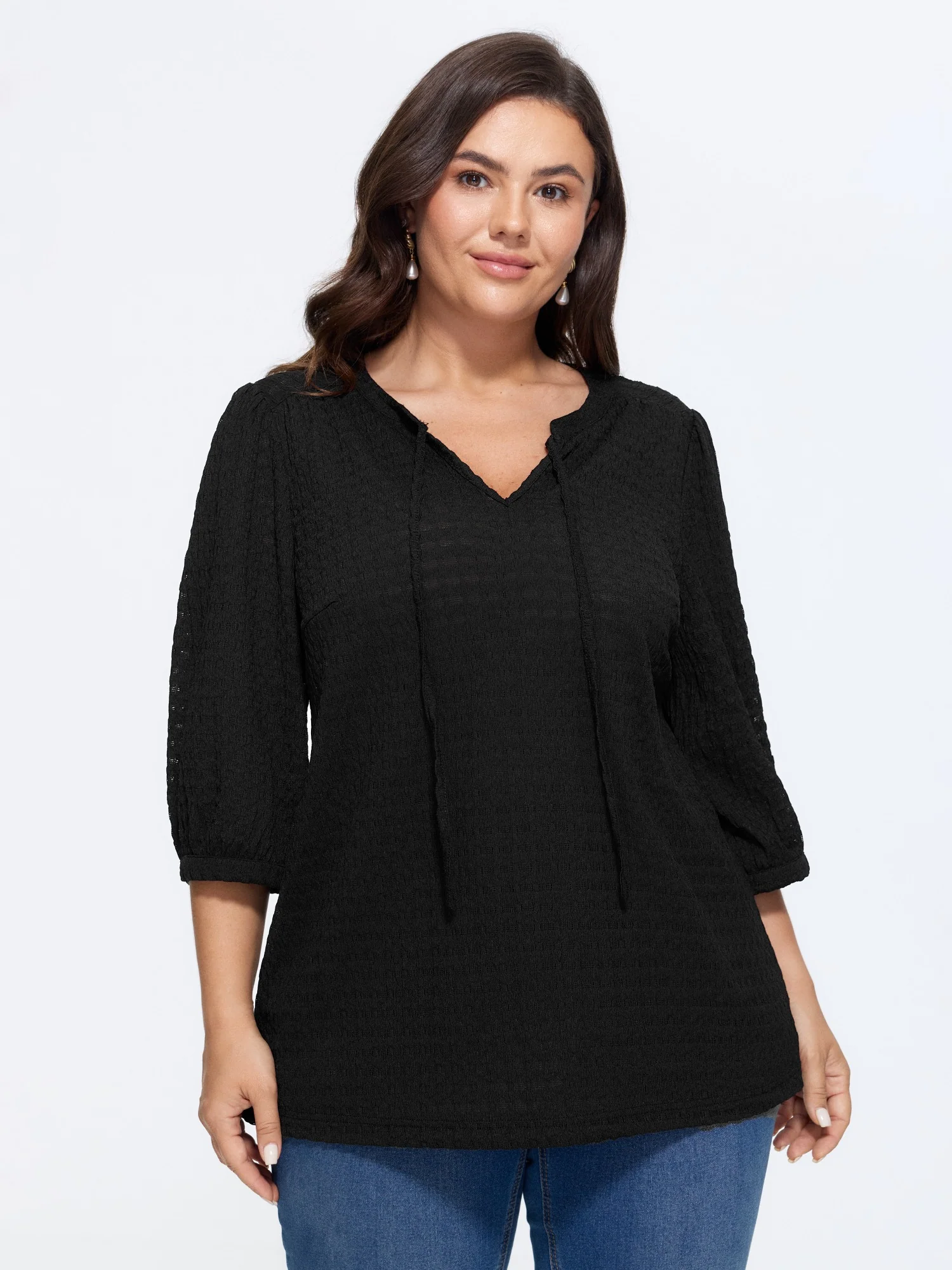 Stretchy Crinkle Textured Neck Tie Blouse