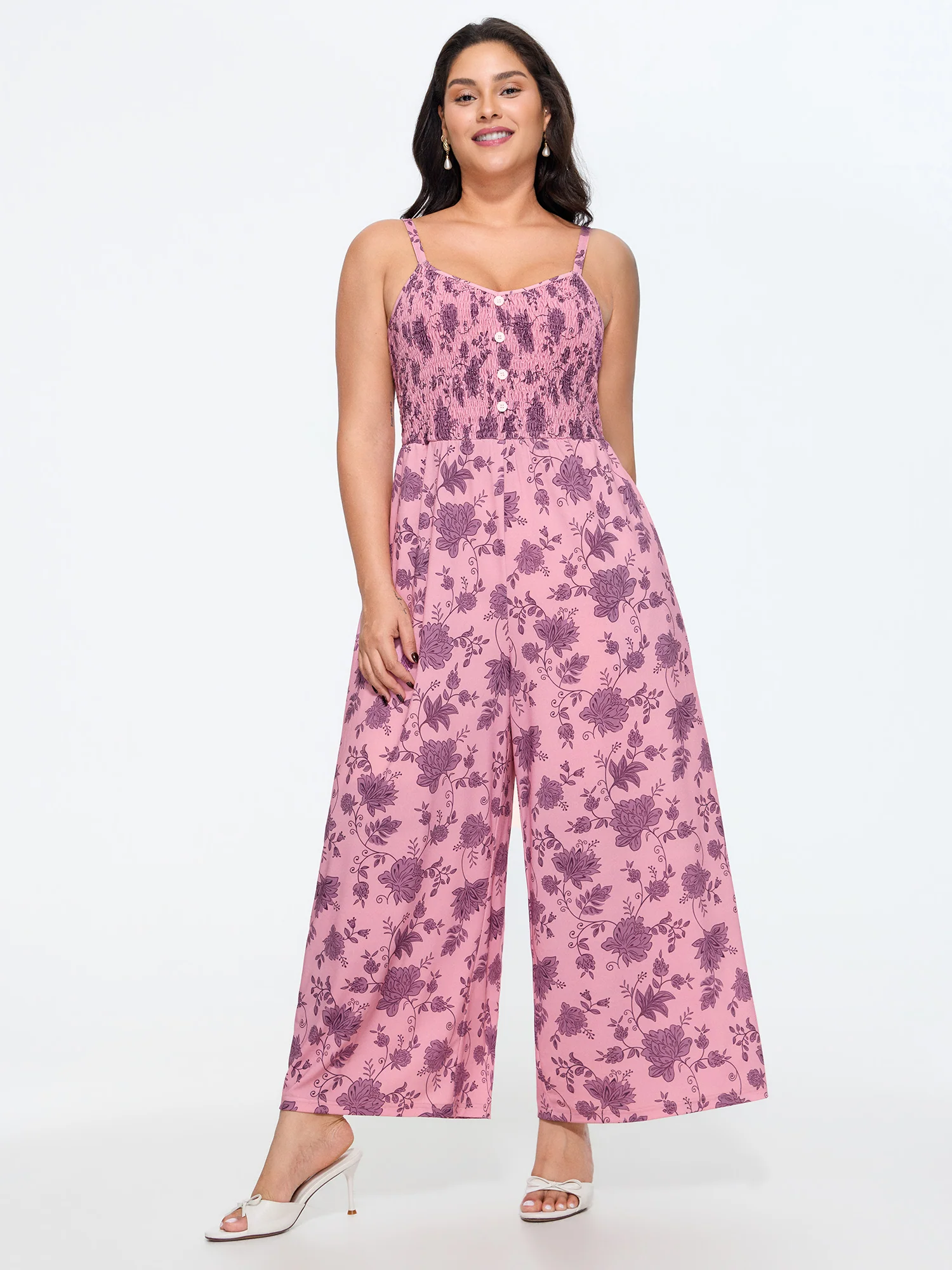 Floral Print Sleeveless Shirred Jumpsuit