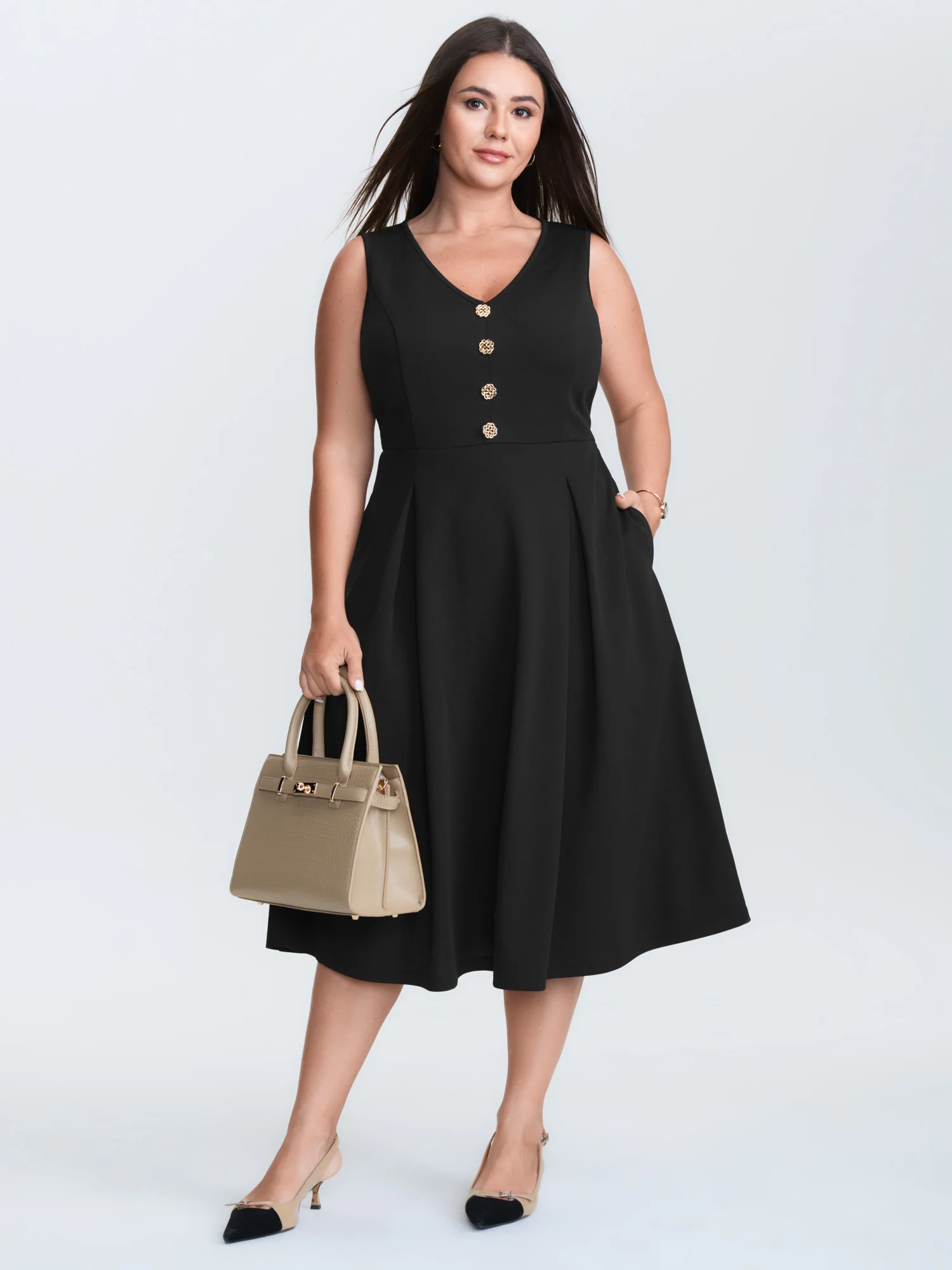 Floral Gold Button Pleated Midi Dress