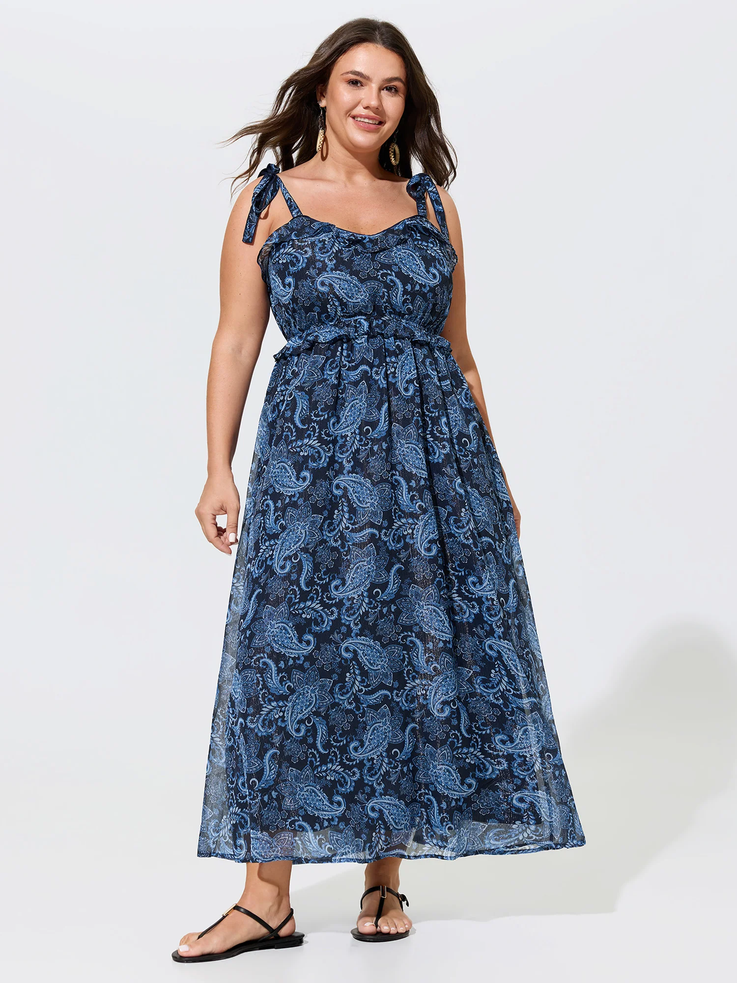 Paisley Print Shoulder-Tie Ruffled Maxi Dress