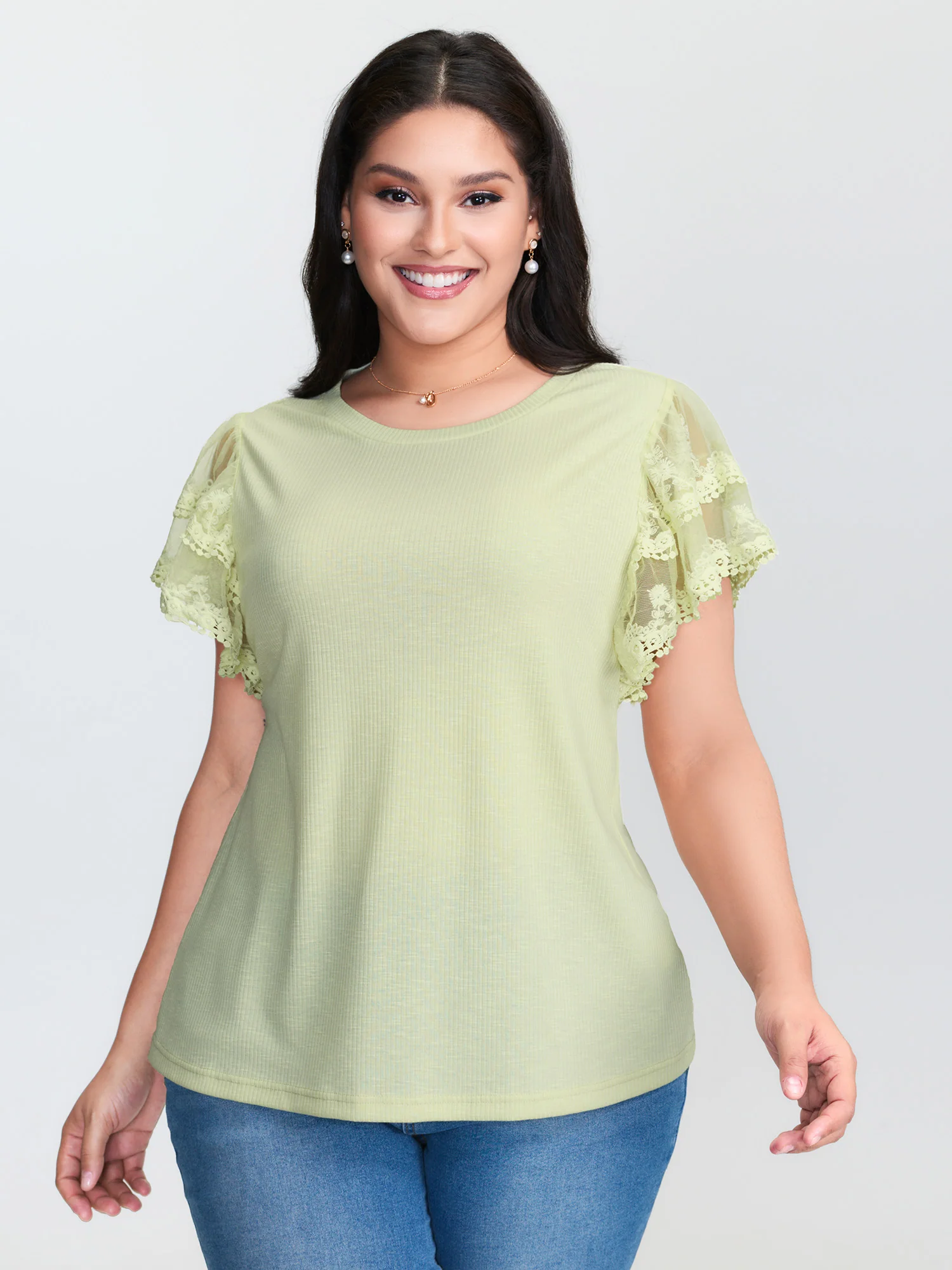 Sheer Lace Sleeve Plain T-Shirt