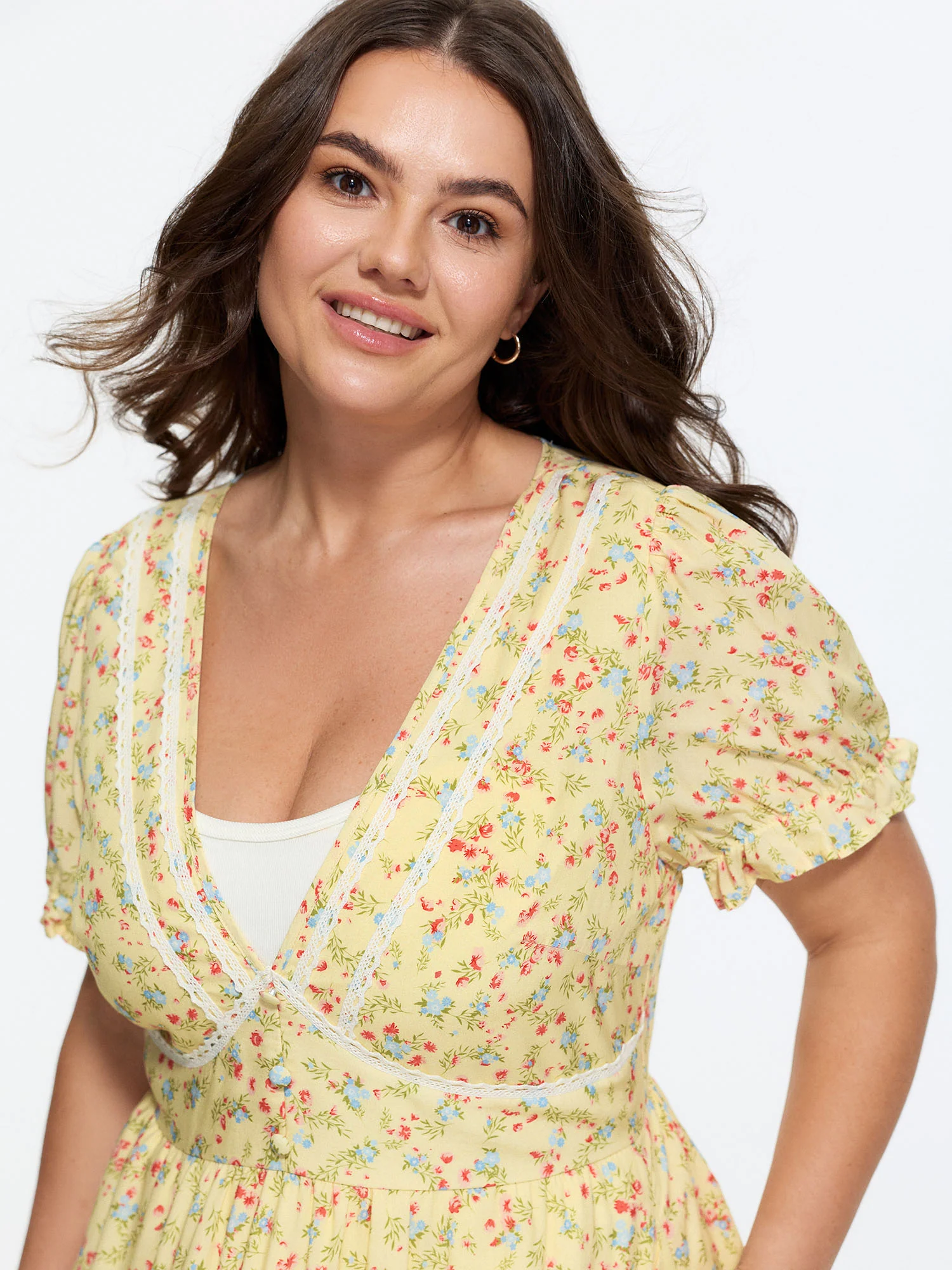 Supersoft Floral Print Lace Deep V-Neckline Midi Dress