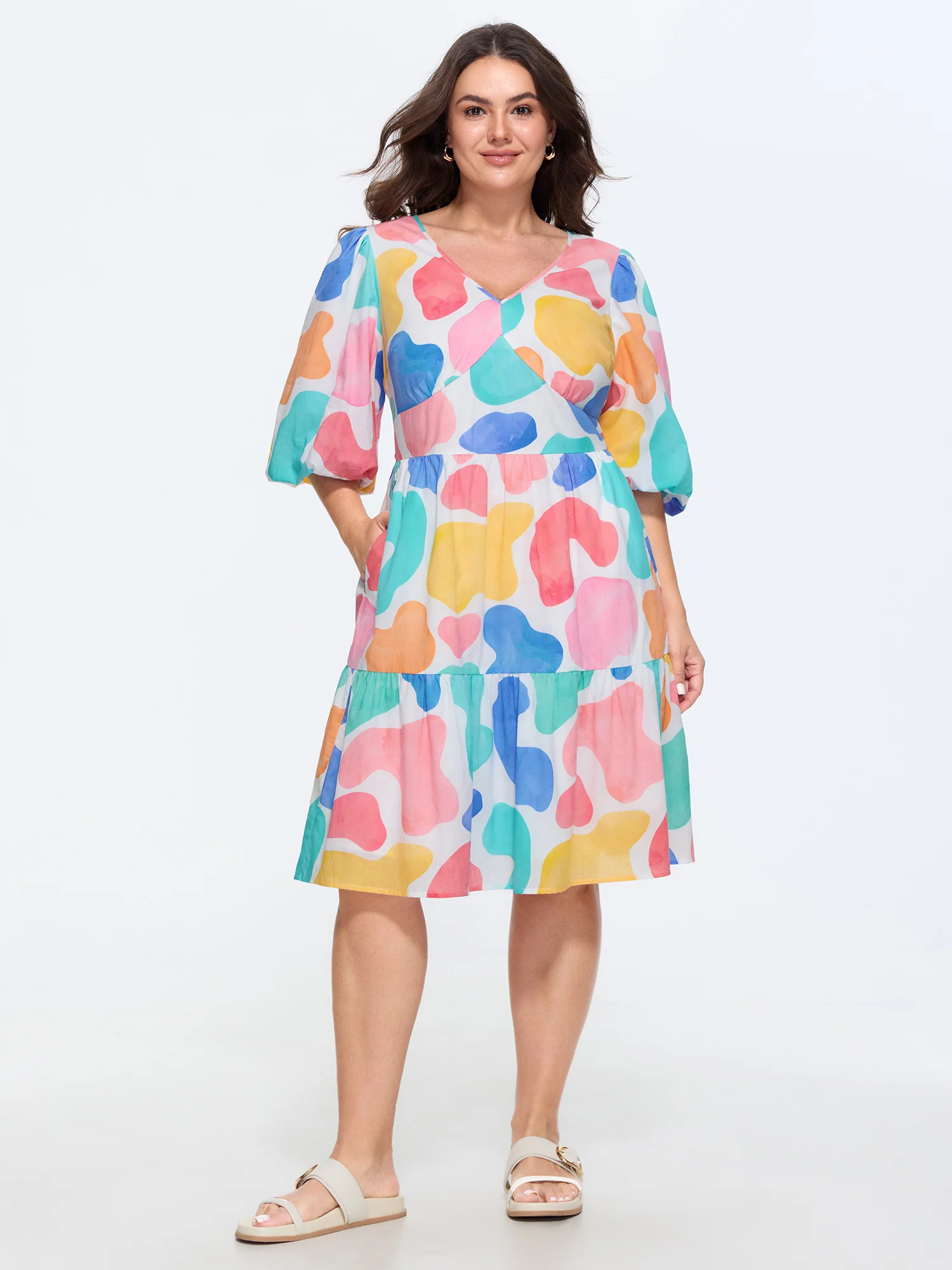 Cotton Watercolor Abstract Print Tiered Mini Dress