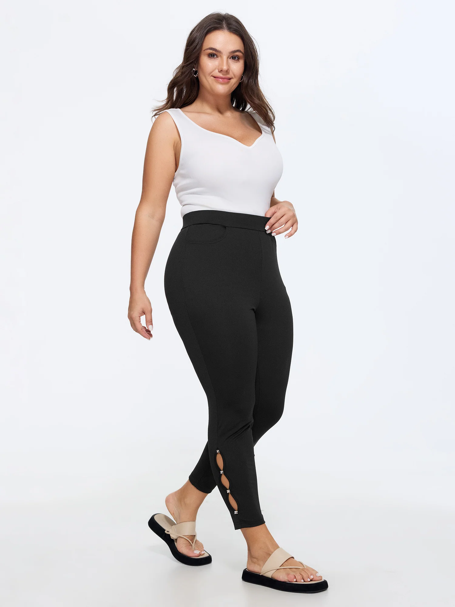 Stretchy Pull-On Rhinestone Cut Out Ankle Detail Leggings