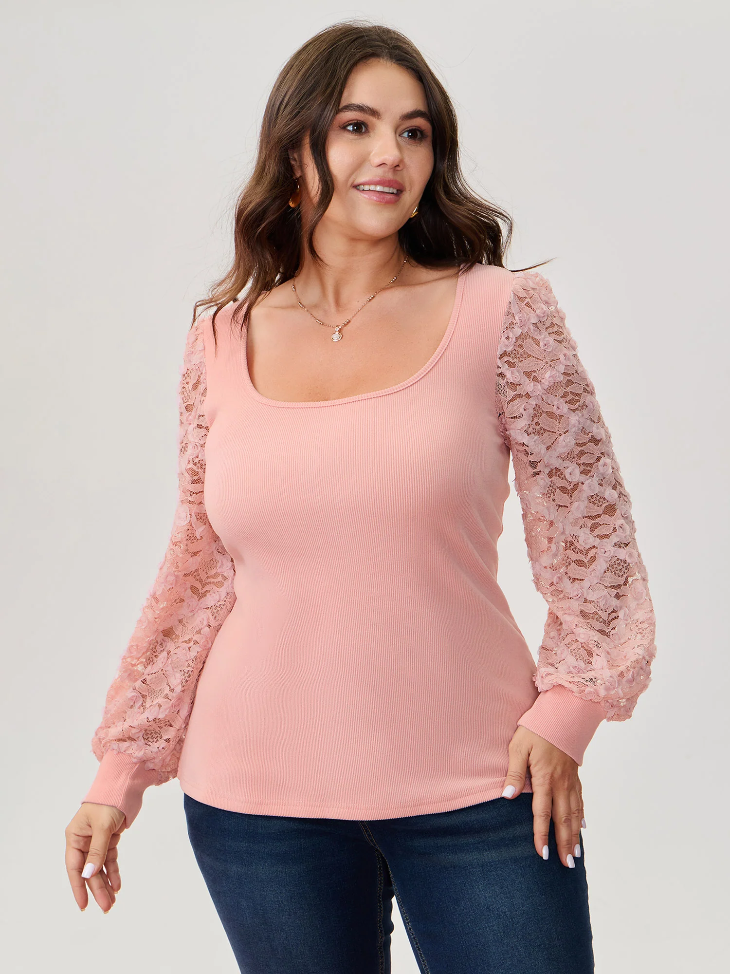Lace Sleeve 3D Floral Knit Top