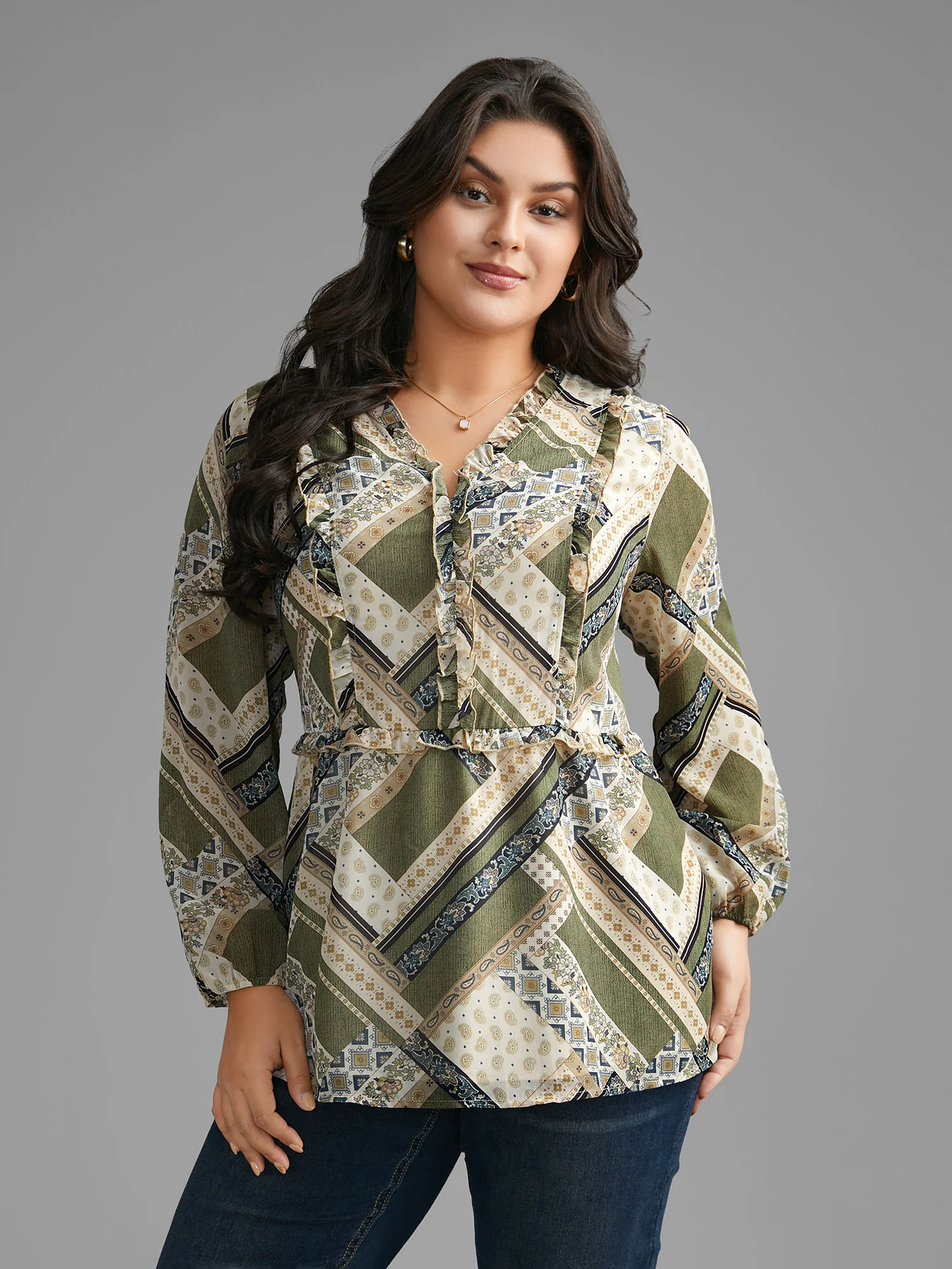 Bandana Print V Neck Ruffle Trim Blouse