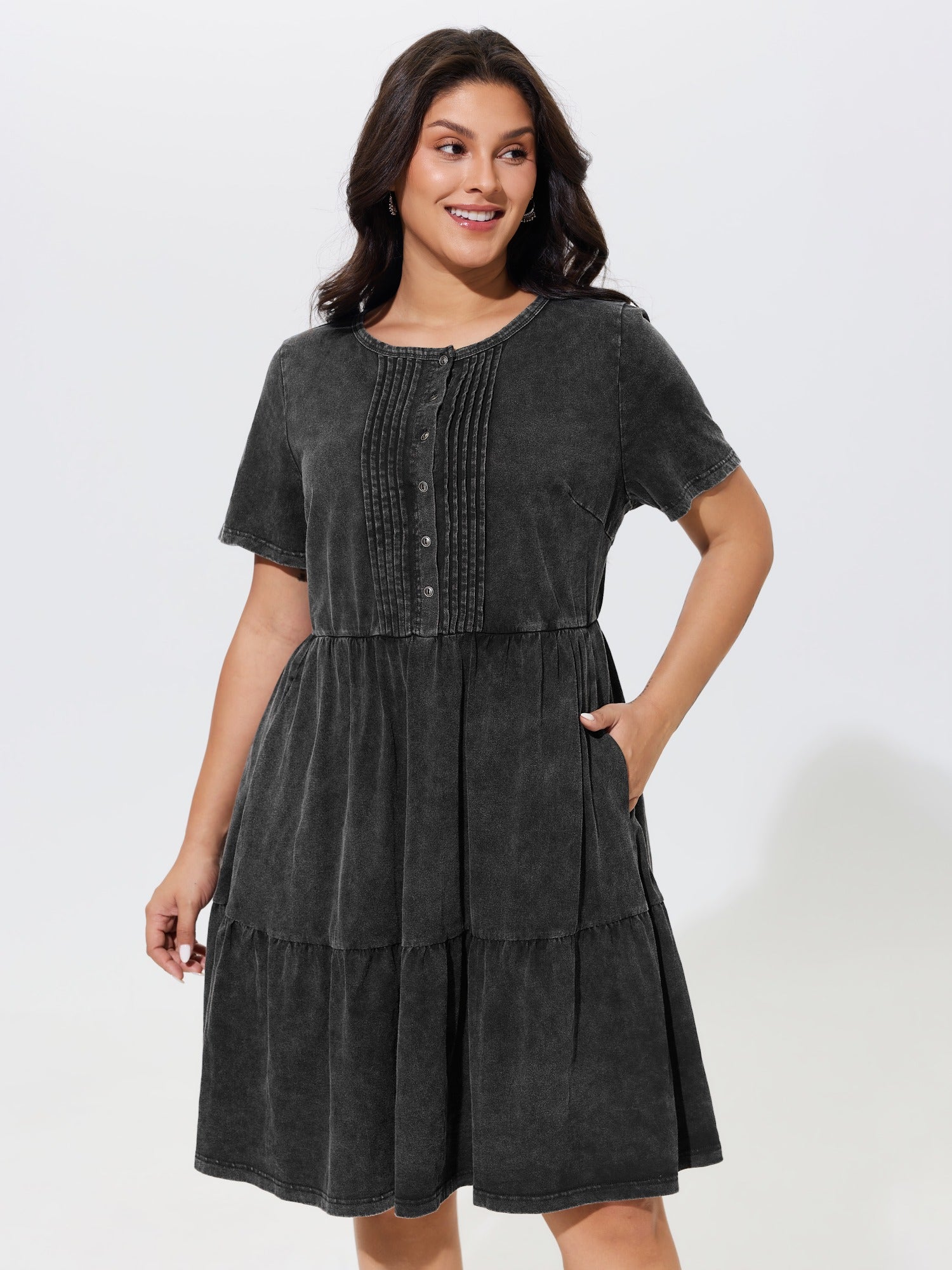Cotton Vintage Washed Pleated Partial Button Tiered Mini Dress