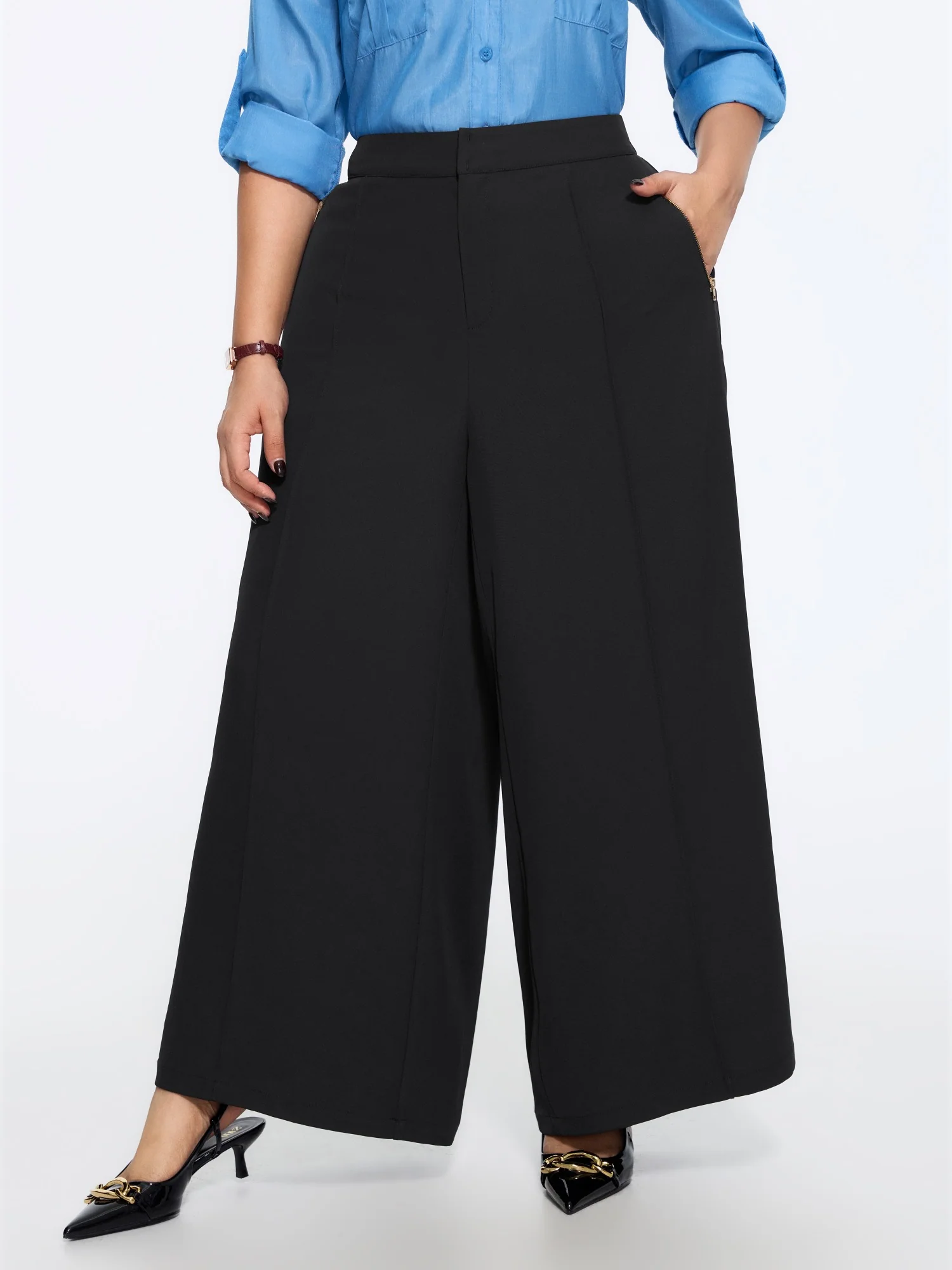 Plain Zipper Pocket Straight-Leg Pants