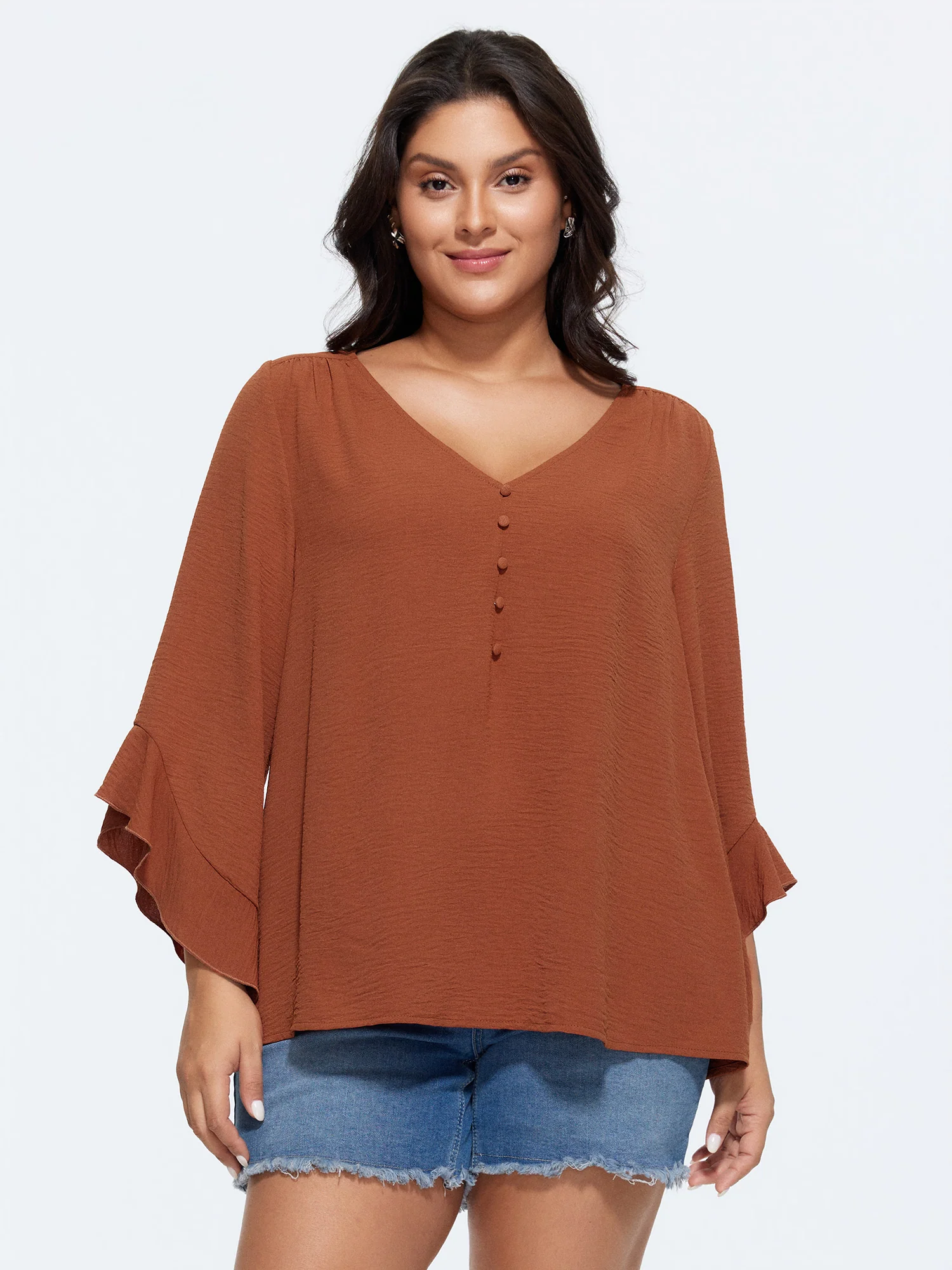Ruffled Flared Sleeve Plain Blouse