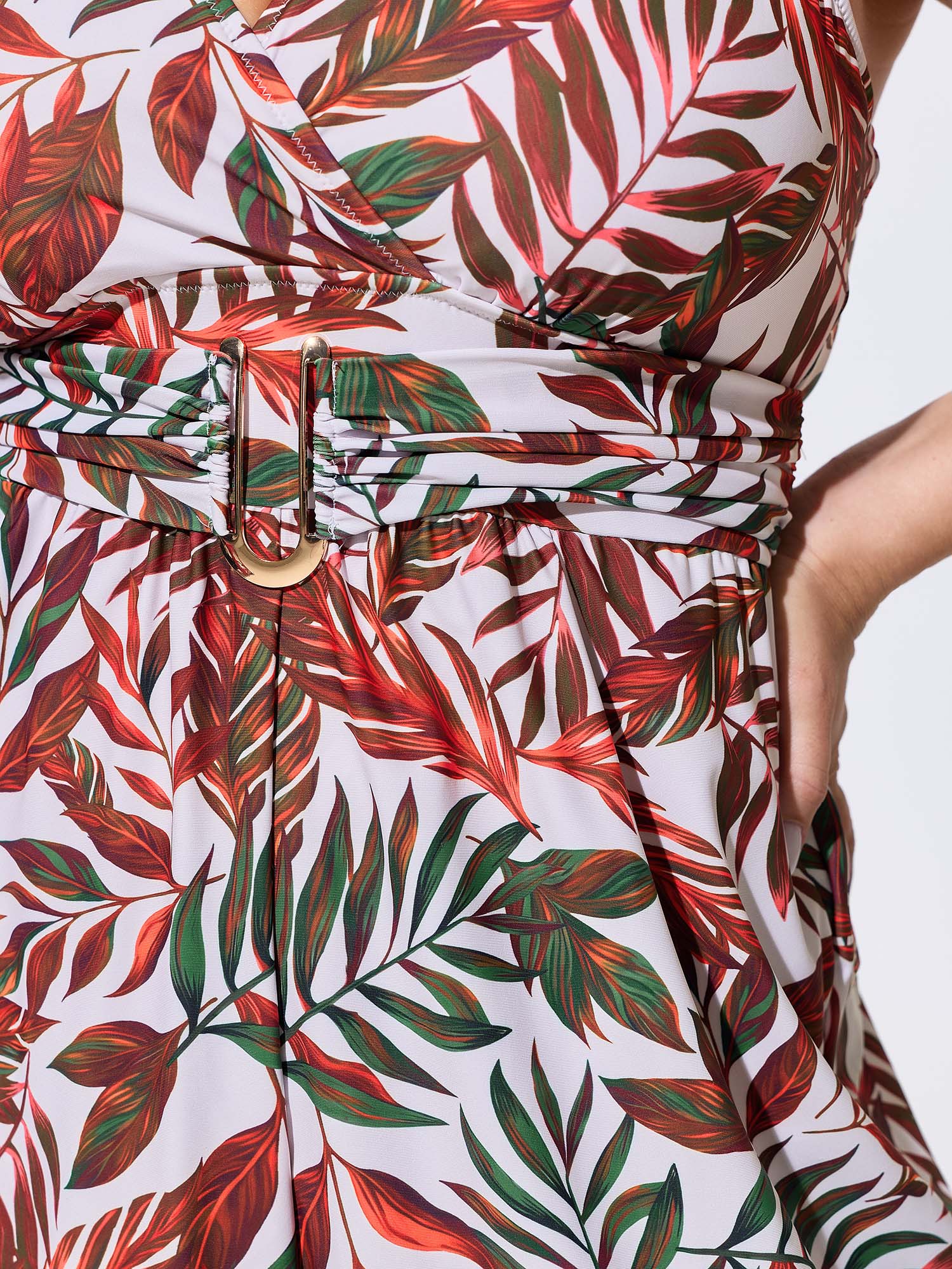 Tropical Palm Leaf Print Metal Buckle Detail One-Piece Swimsuit