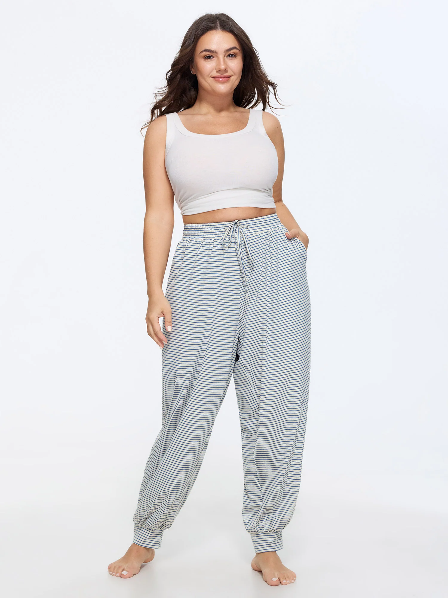 Cotton Stretchy Striped Print Pockets Lounge Bottoms