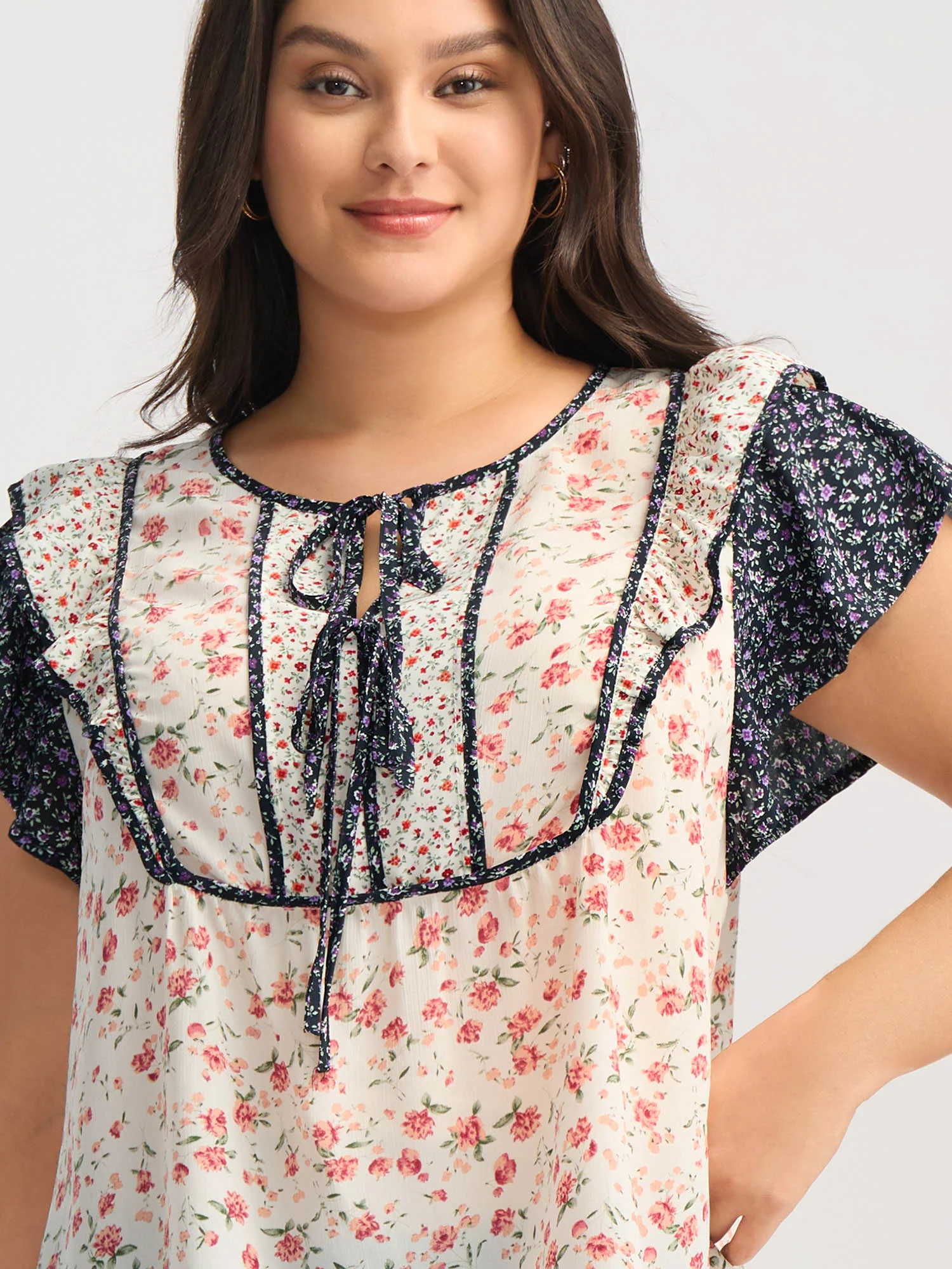 Floral Panel Ruffled Sleeve Blouse