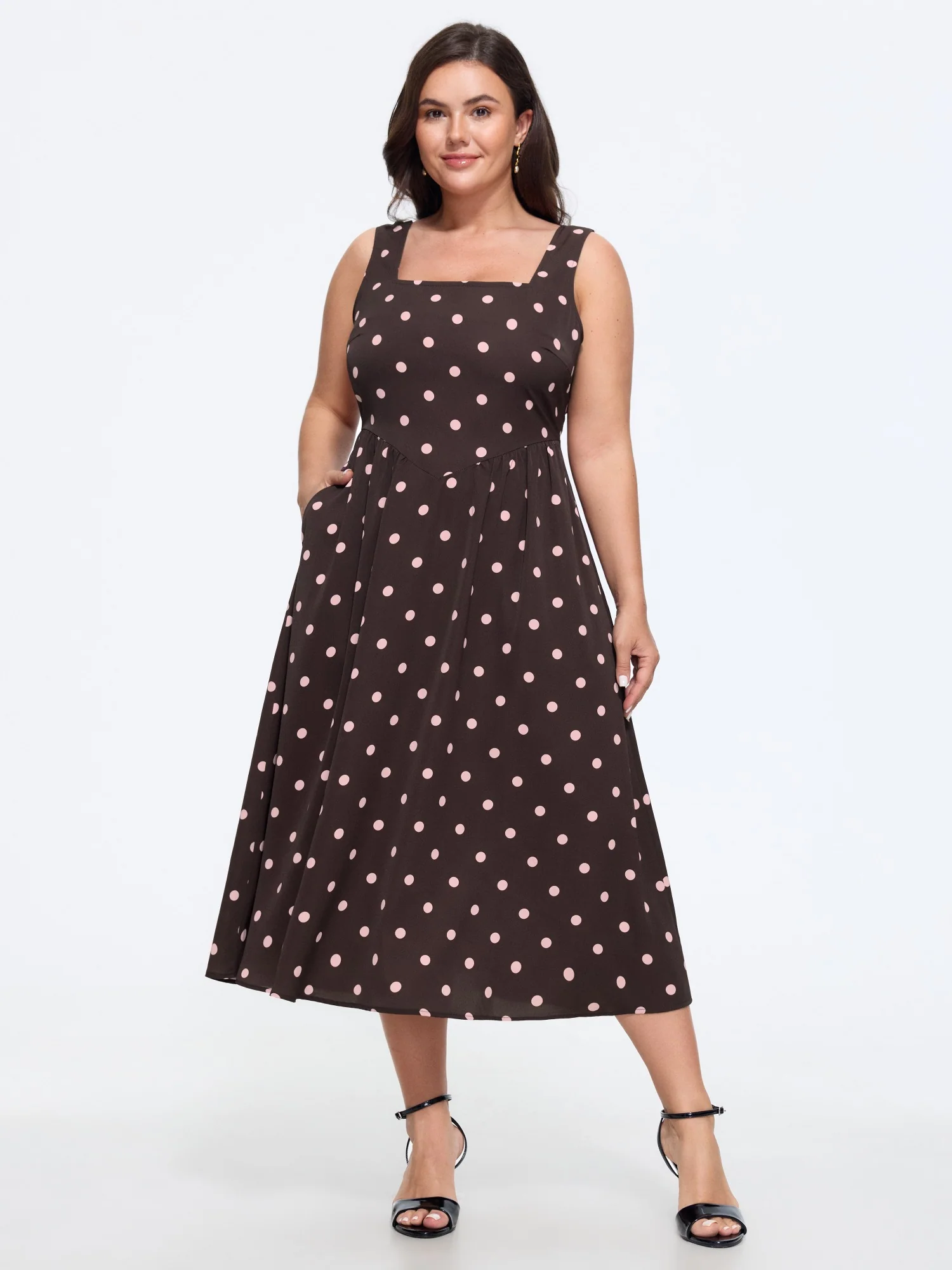 Polka Dot Print Square Neck Sleeveless Midi Dress