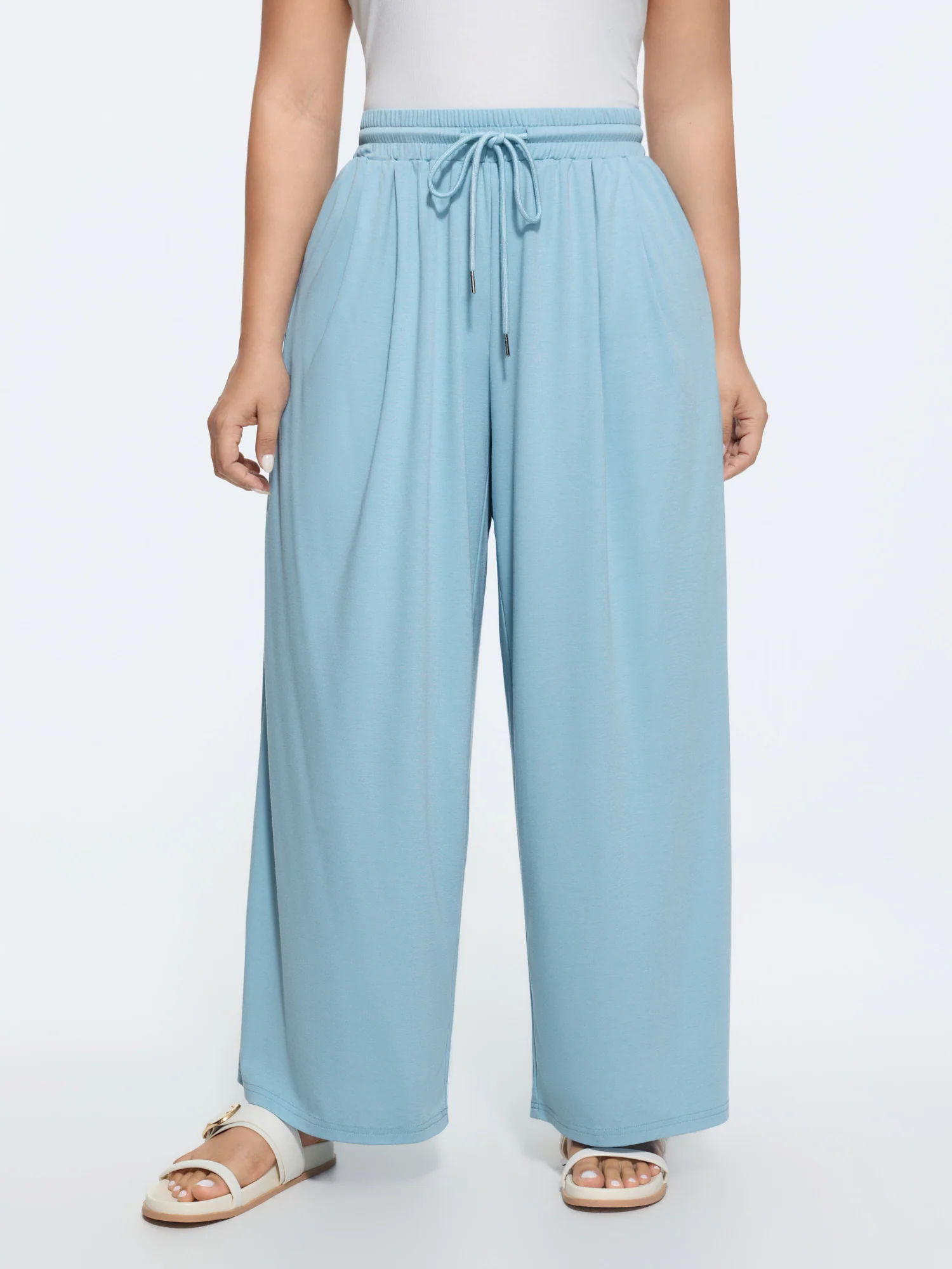 Plain Drawstring Waist Wide Leg Pants
