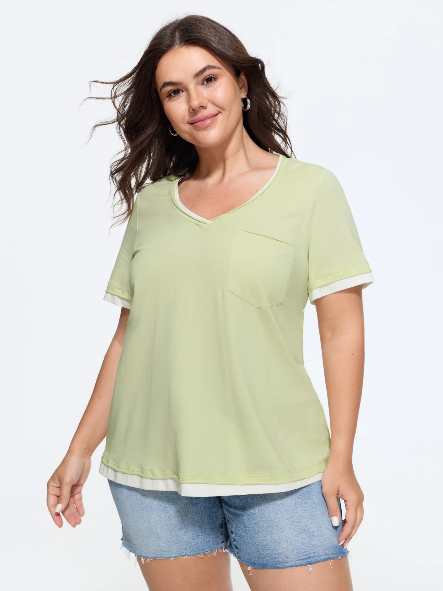 Cotton V Neck Color Contrast T-Shirt
