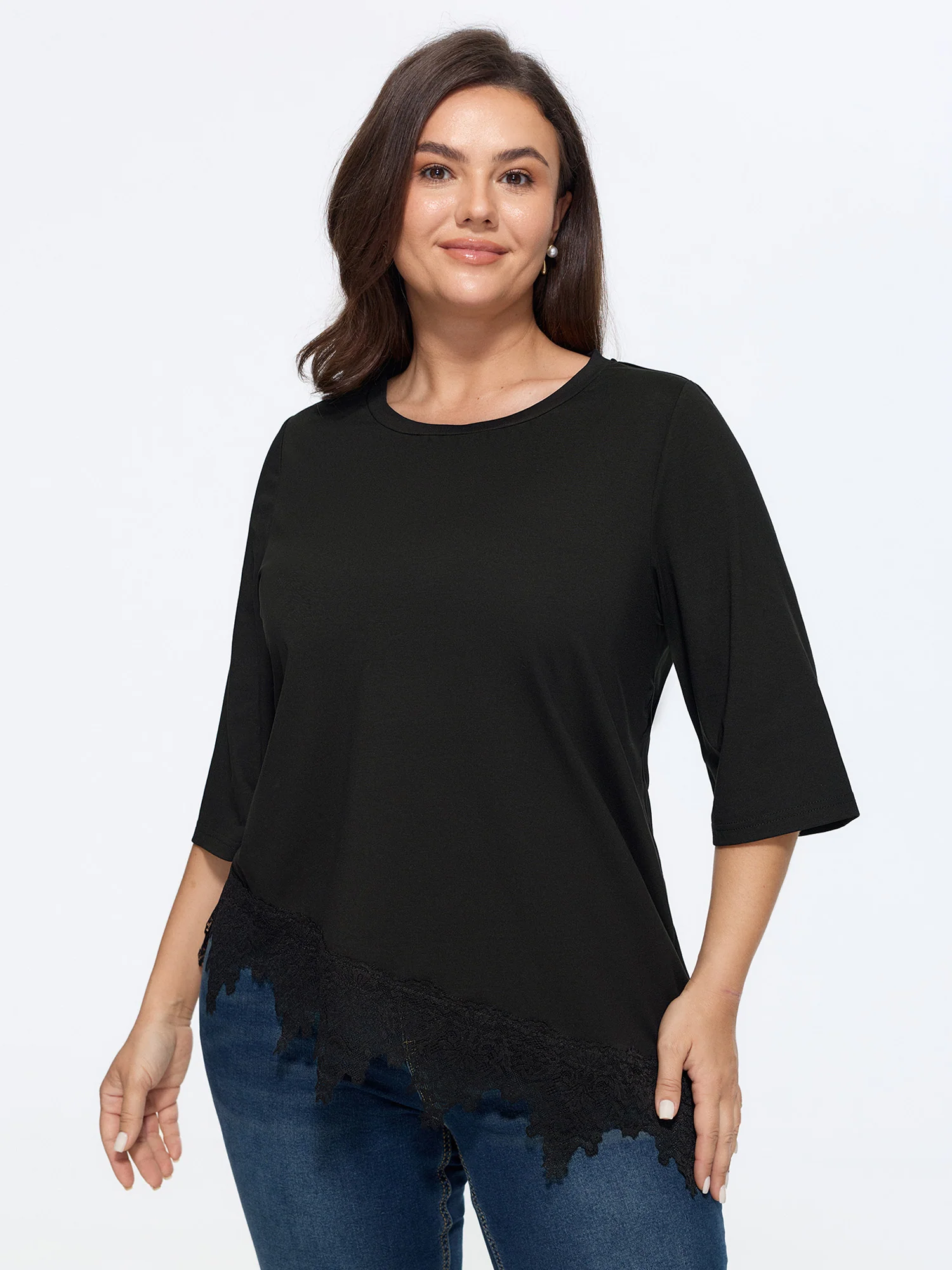 Cotton Stretchy Lace Trim Long Length T-Shirt