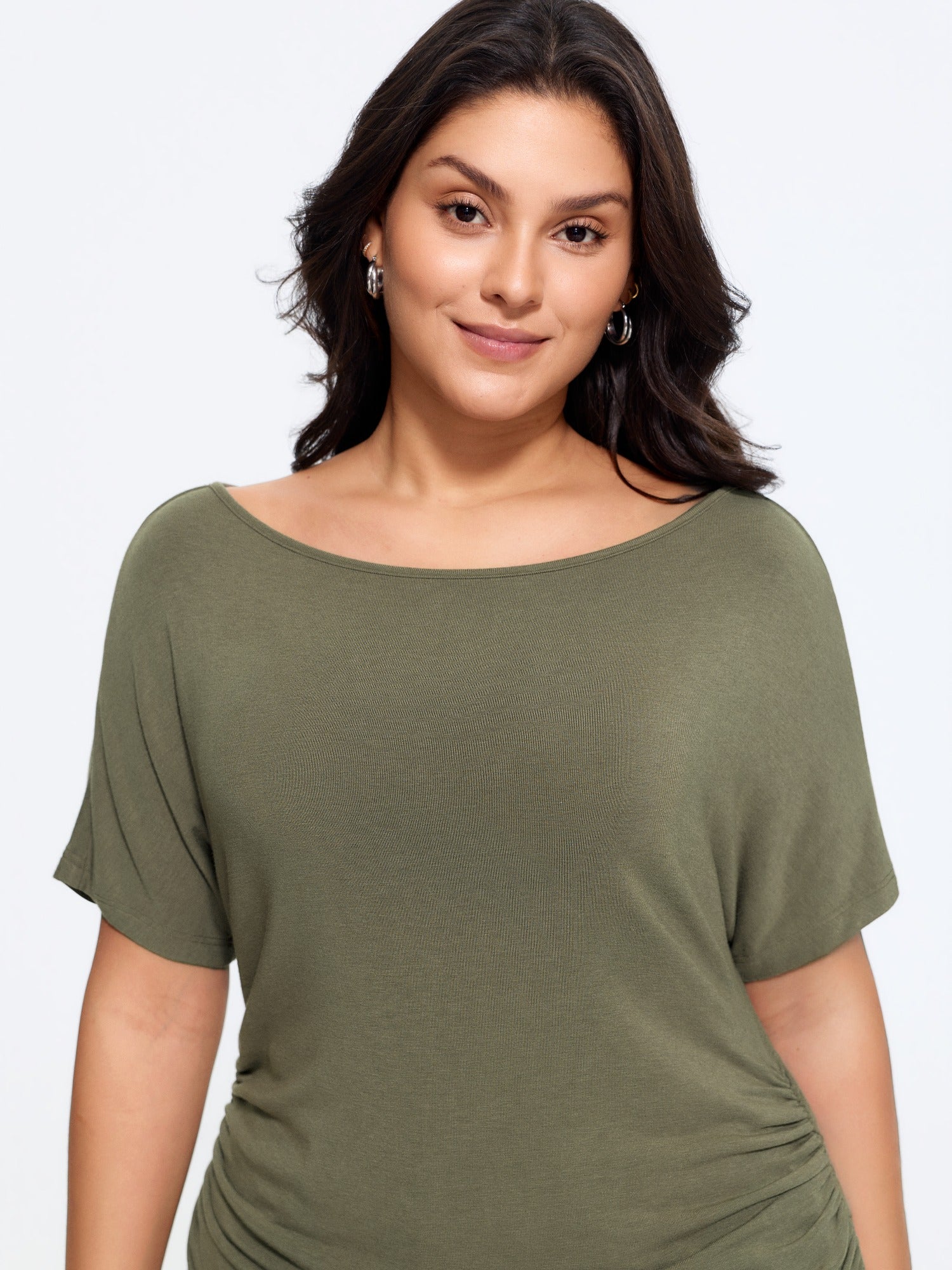 Supersoft Cashmere Like Boat Neck Ruched T-Shirt
