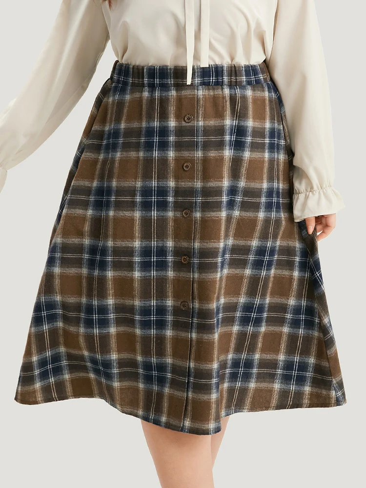 Plaid Button Detail Elastic Waist Woven Skirt